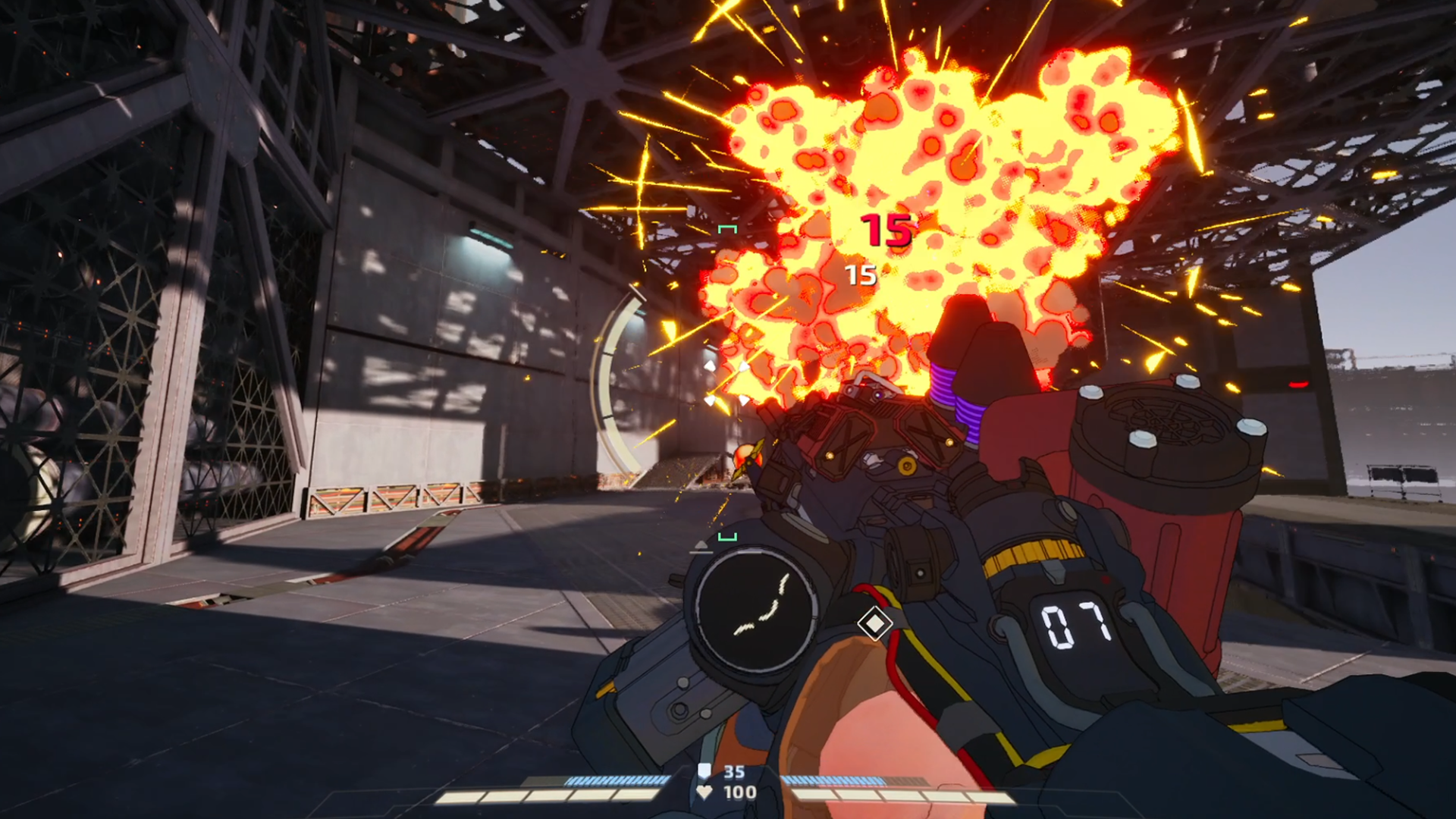 First-person view of a video game gameplay where the player is shooting an explosion with fire and debris blasting out, with health and ammo indicators on the screen.