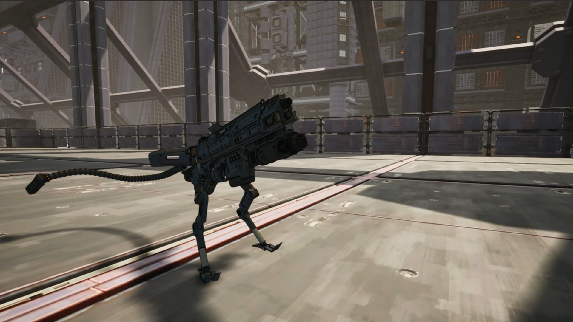 A robotic gun dog standing on a platform in a futuristic cityscape.