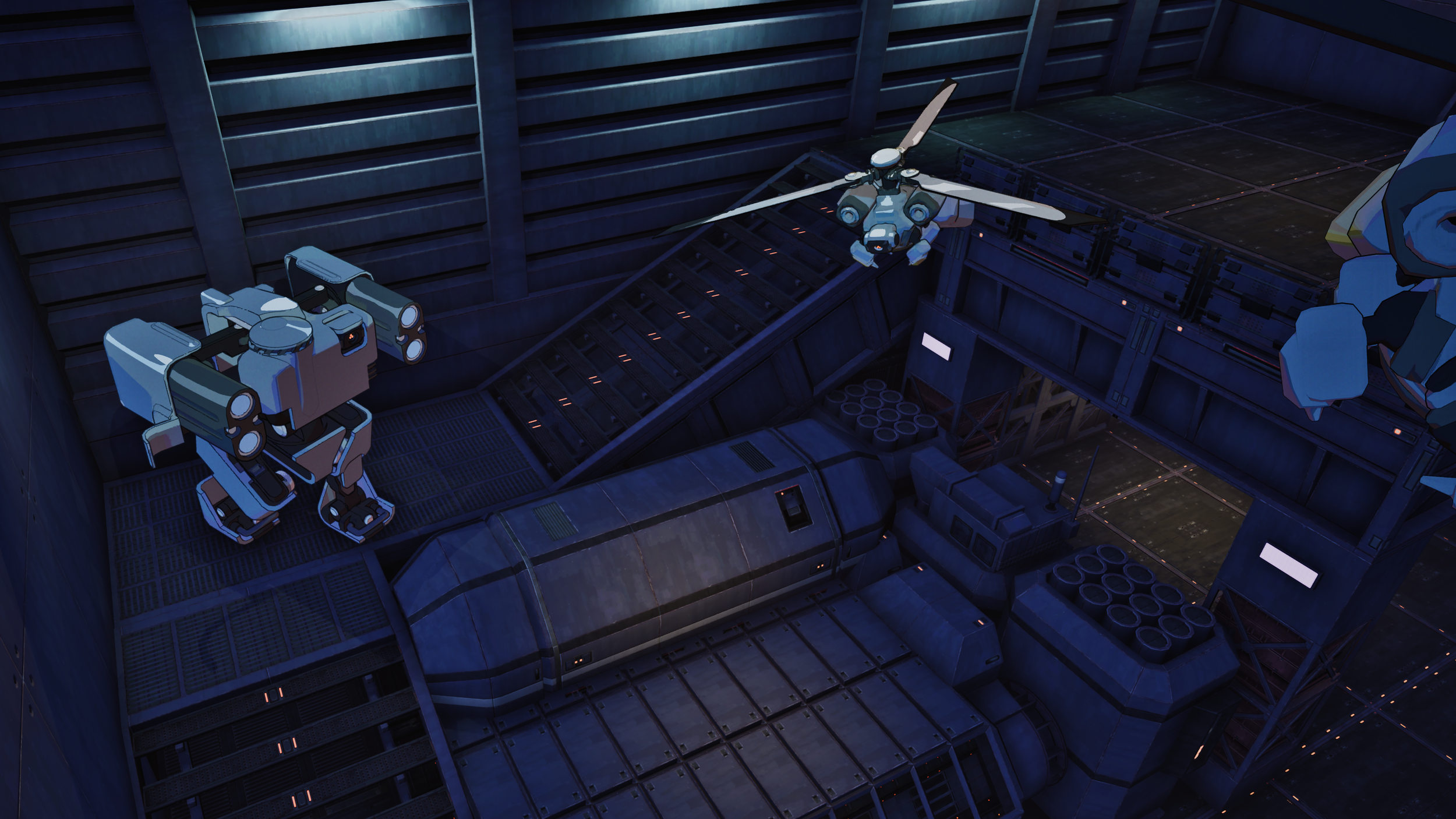 Sci-fi spaceship interior with two humanoid robots and a helicopter, featuring metallic walls, stairs, and storage containers.