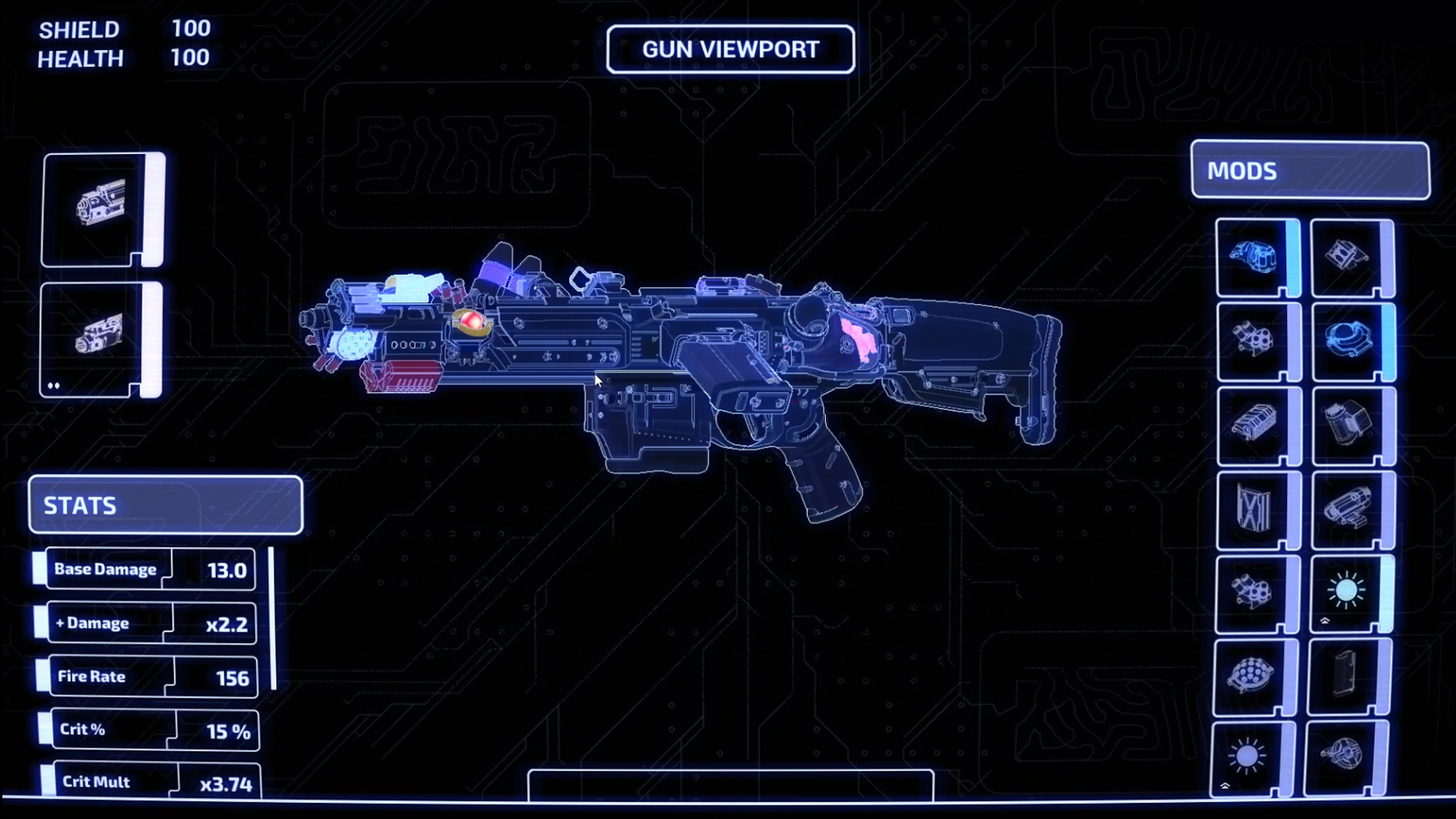 A digital interface displays a futuristic schematic of a gun with stats and mod options on a black background with glowing blue outlines.