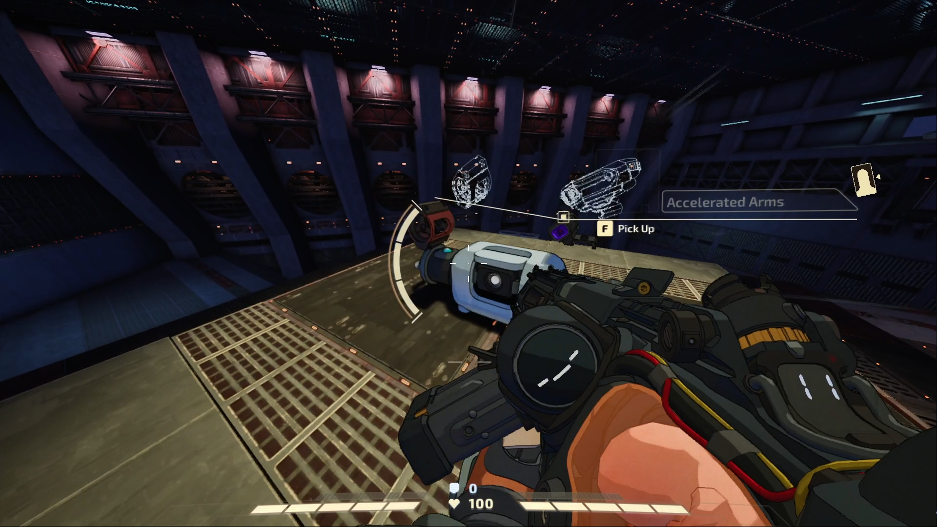 In-game screenshot showing a futuristic scene where the player character is holding a weapon and about to pick up a piece of equipment labeled "Accelerated Arms" in a sci-fi environment with metallic levels and digital holograms.