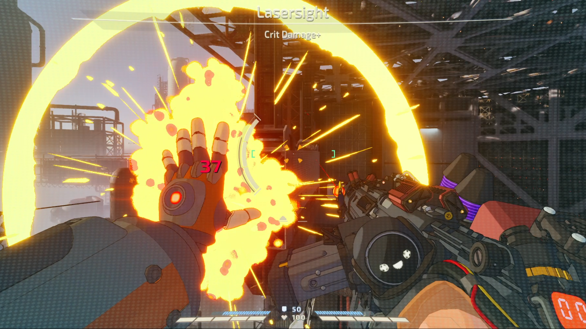 First-person view of a futuristic shooter game with a hand firing a weapon at a target, with explosions and sparks in an industrial setting.
