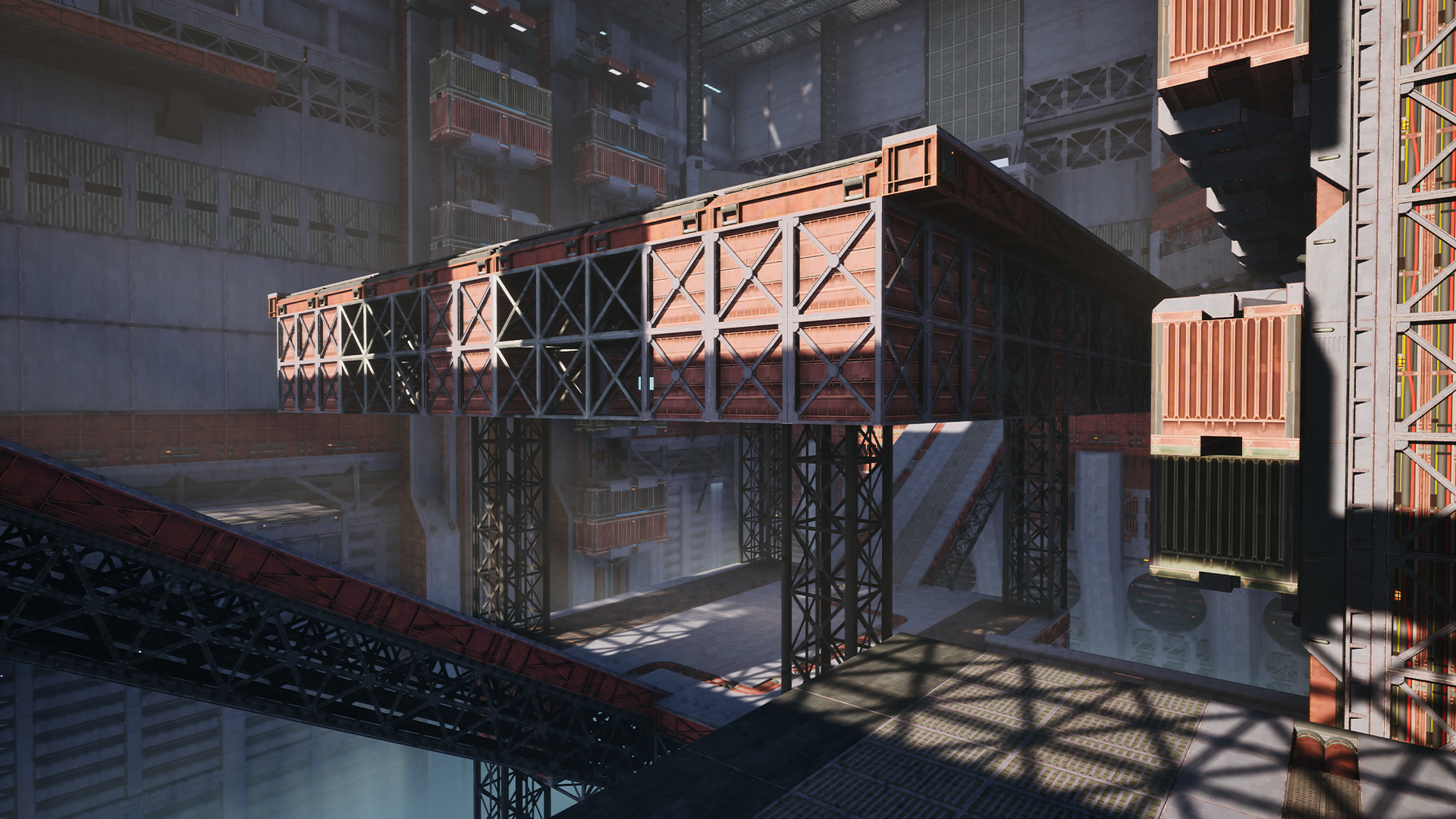 Futuristic industrial facility with elevated walkways, cargo containers, and steel structures in a high-tech environment.