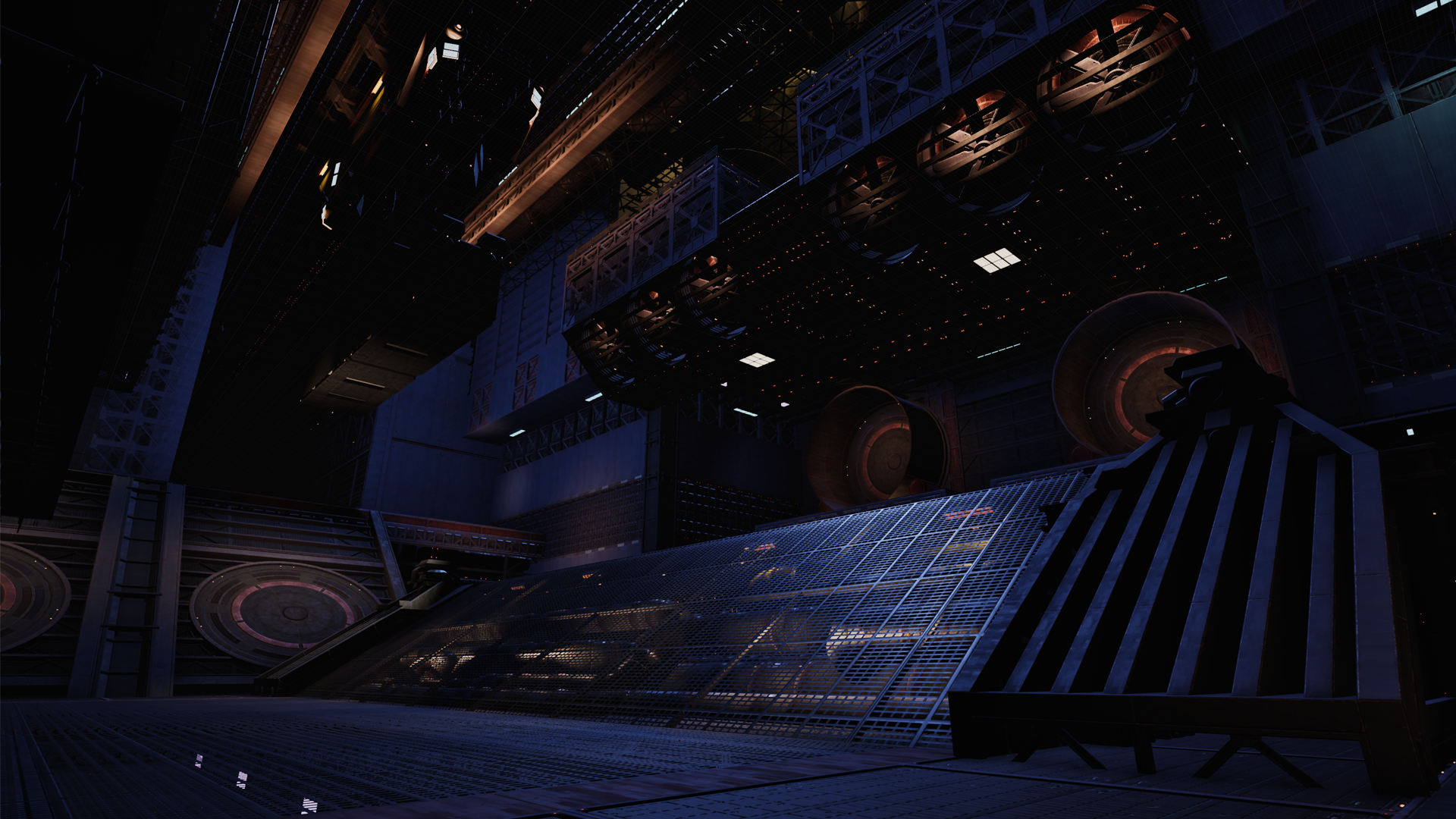 Interior view of a sci-fi building with metallic structures, large turbines, and a dark, industrial atmosphere.