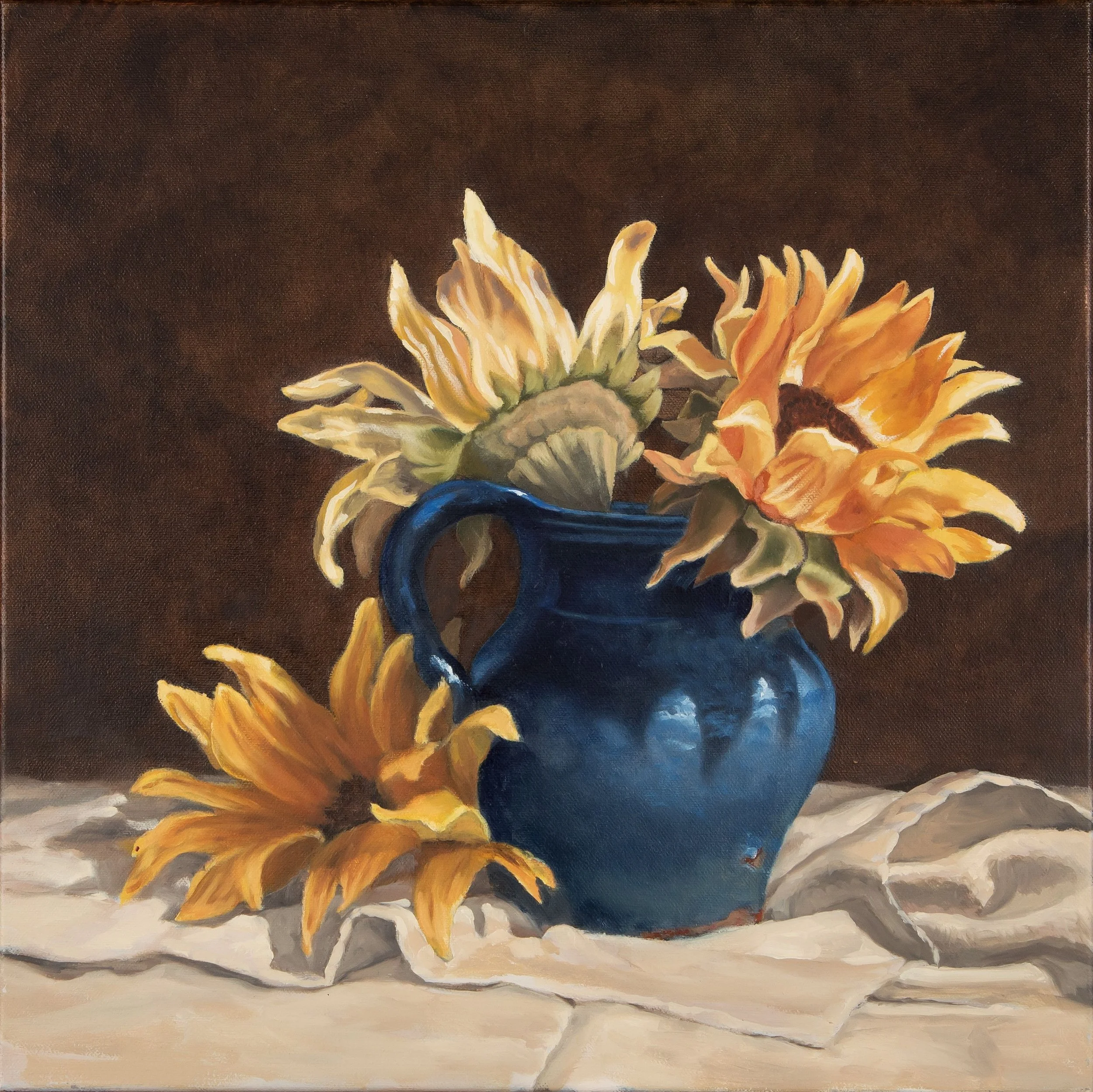 Sunflowers in Blue Pottery Jug