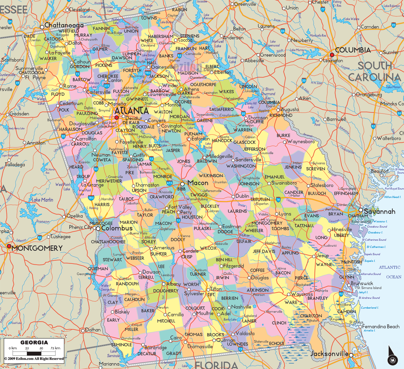 Map of Georgia showing counties, cities, major roads, lakes, and rivers, including Atlanta, Savannah, and Augusta.
