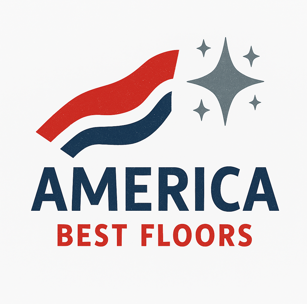 Patriot-themed logo for America Best Floors with stylized red, white, and blue stripes and stars.