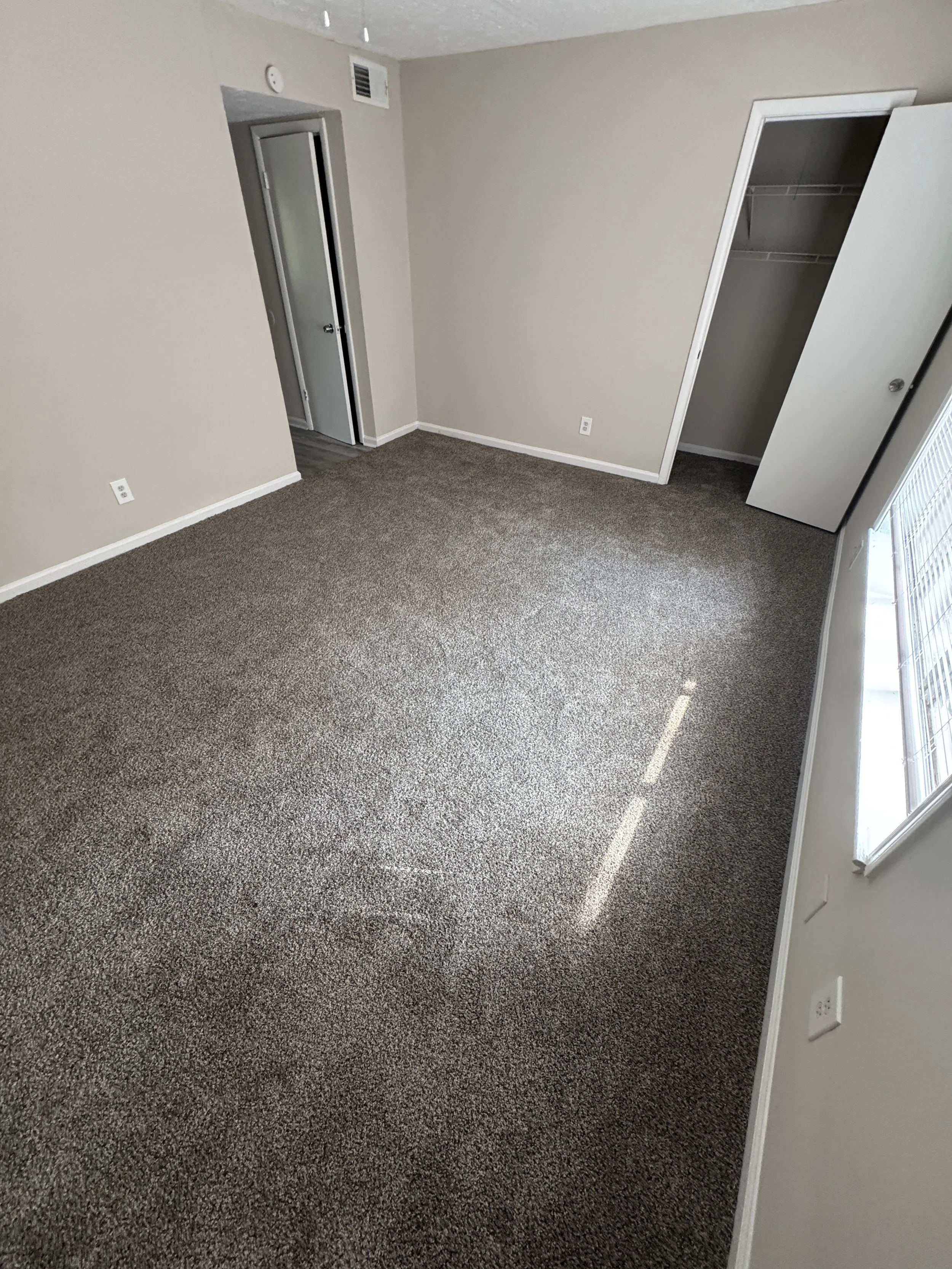 Empty beige room with brown carpet, a white closet door open showing closet shelves, and a window with sunlight coming through.