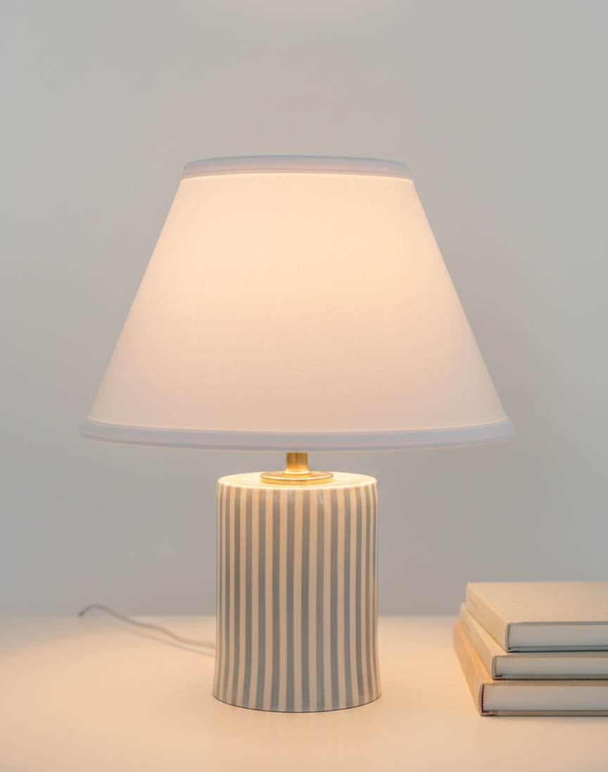 A table lamp with a striped ceramic base and a white lampshade on a white table, next to three stacked books.
