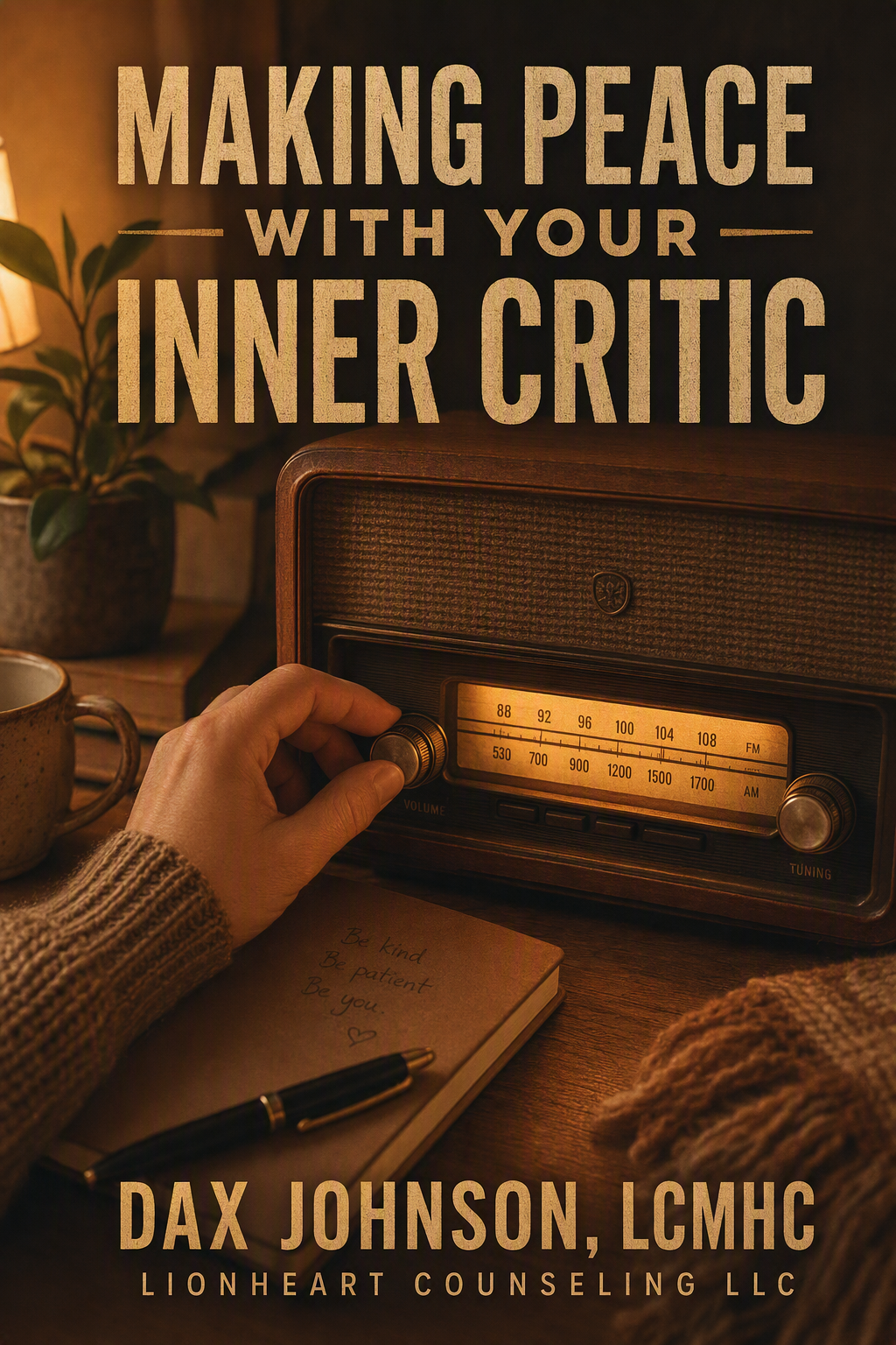 A person in a knitted sweater adjusting an image on an old-fashioned radio, with a notebook and pen on the table, and a plant and coffee mug in the background.