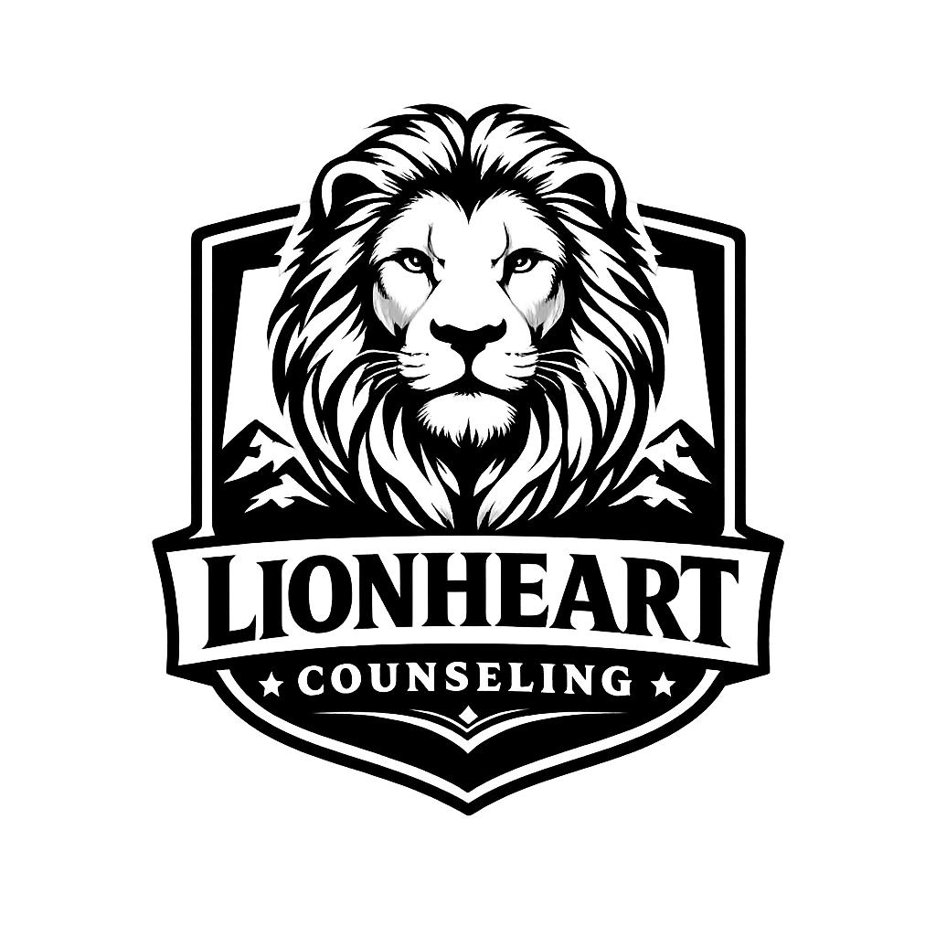 A black and white logo featuring a lion's face with a flowing mane and mountains in the background, with the word 'Counseling' below. The official logo for Lionheart Counseling LLC.