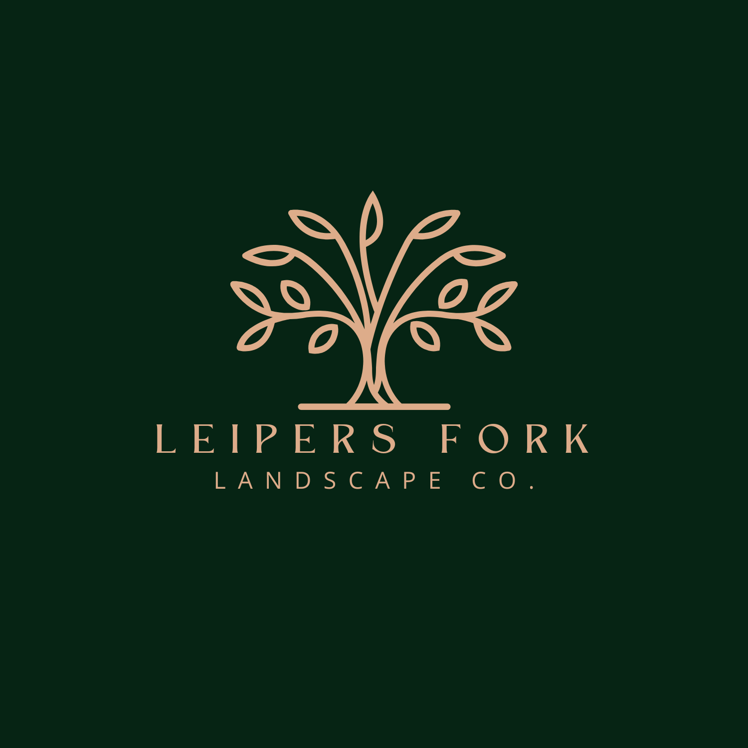Logo for Leipers Fork Landscape Co. featuring a minimalist tree design in beige on a dark green background.