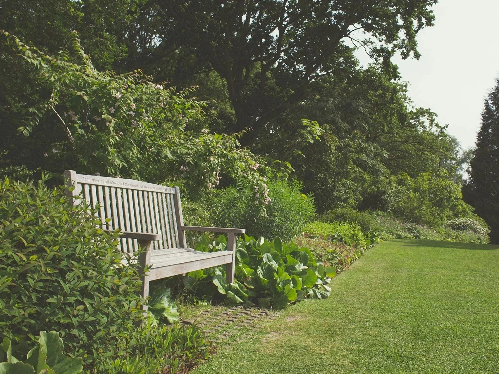 A wooden park bench in a garden with green bushes, flowering plants, and large trees in the background.