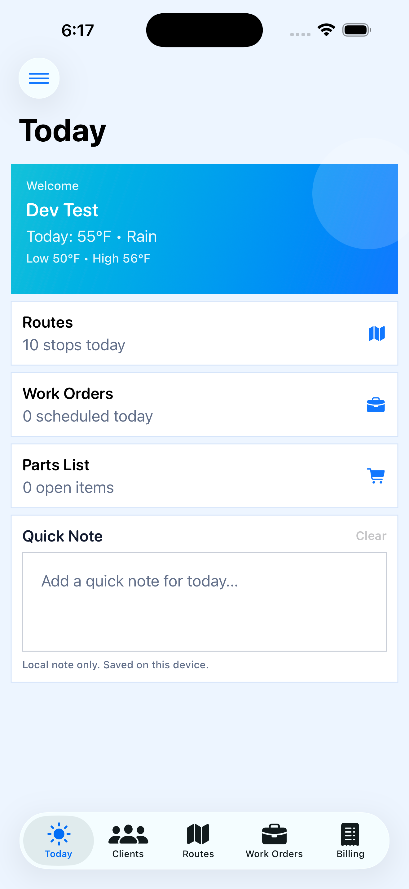 Service Hopper Today dashboard