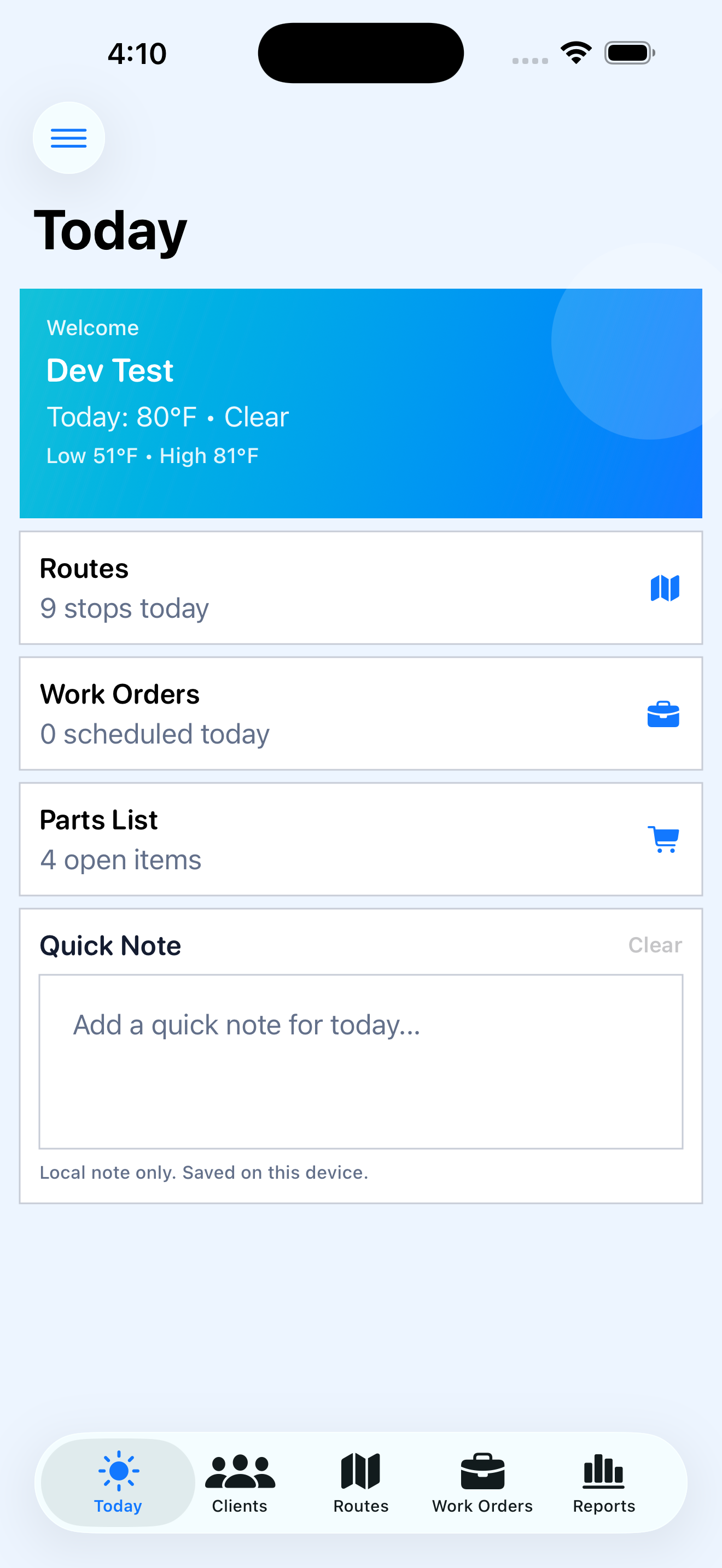 Service Hopper Today dashboard