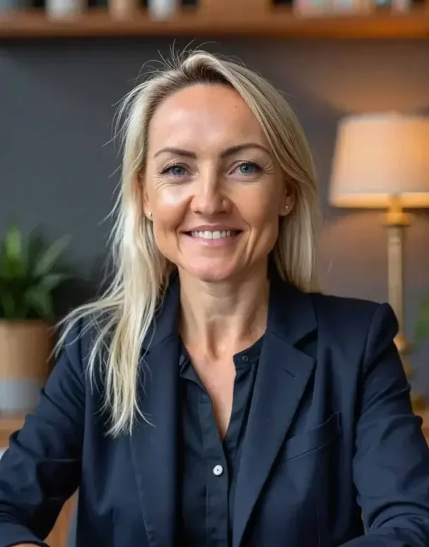 A smiling woman with blonde hair, wearing a navy blazer and shirt, sitting in a modern office with a wooden bookshelf and lamp in the background.