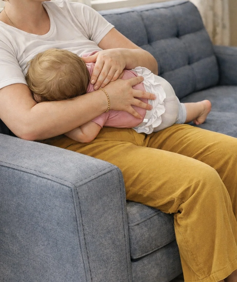 A person is sitting on a gray couch nursing a baby, who is lying on their lap and being fed. The person is wearing a white t-shirt and mustard-colored pants, and the child has on a diaper.