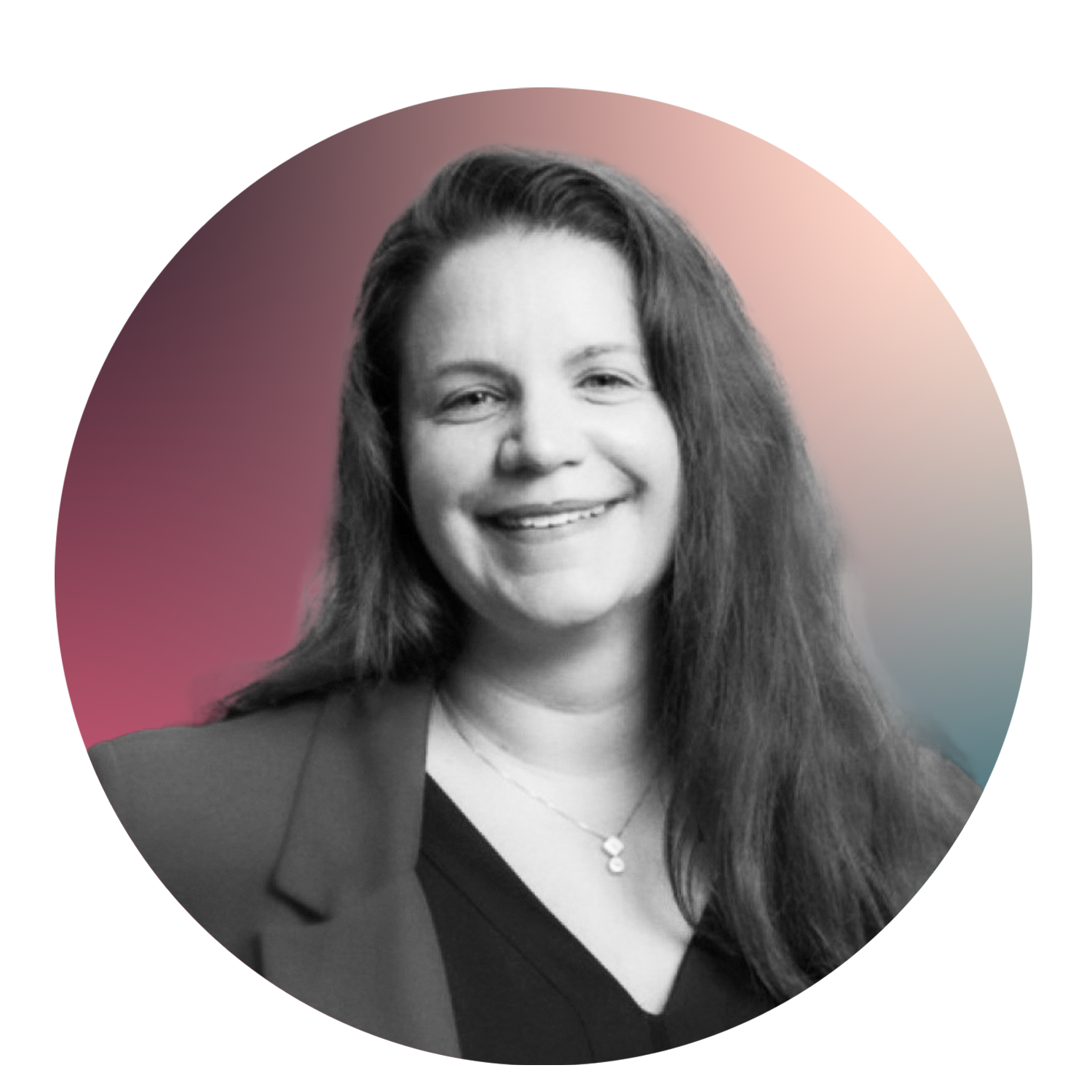 Black and white photo of a smiling woman with long hair, wearing a blazer and a necklace, against a gradient background with pink, gray, and blue hues.