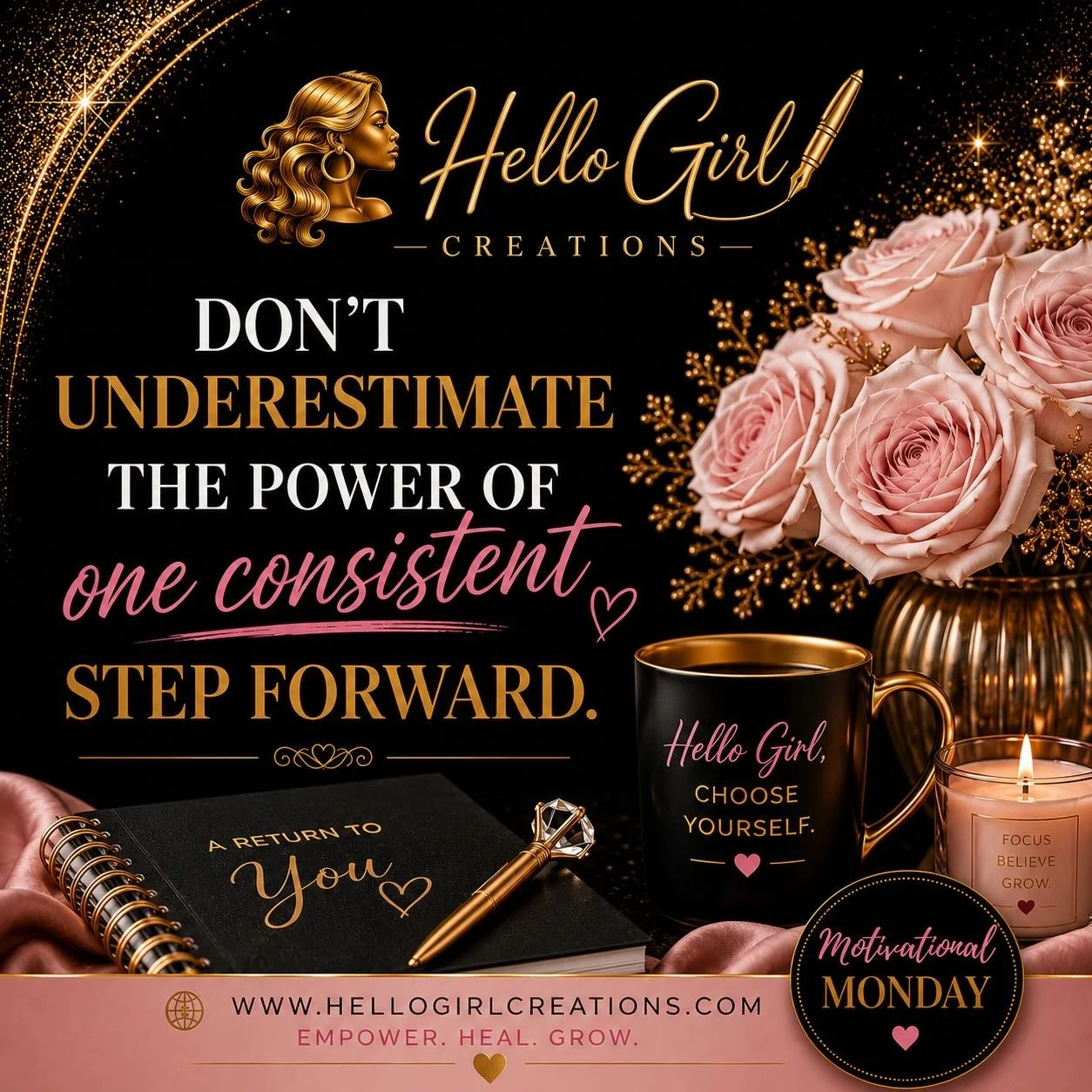 ✨ MOTIVATIONAL MONDAY ✨

Hello Girl,

The life you desire isn&rsquo;t built in a day&mdash;it&rsquo;s built through the small, consistent choices you make every day.

One prayer.
One boundary.
One journal entry.
One act of courage.
One decision to ch