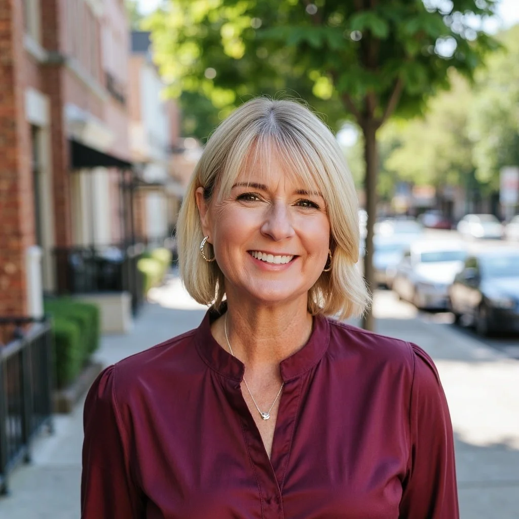 Marriage Counsellor, Smiling woman with blonde hair, wearing a burgundy blouse, standing outdoors on a sunny street lined with cars and trees.