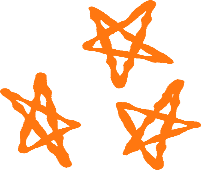 Three orange, uneven, hand-drawn five-pointed stars against a black background.