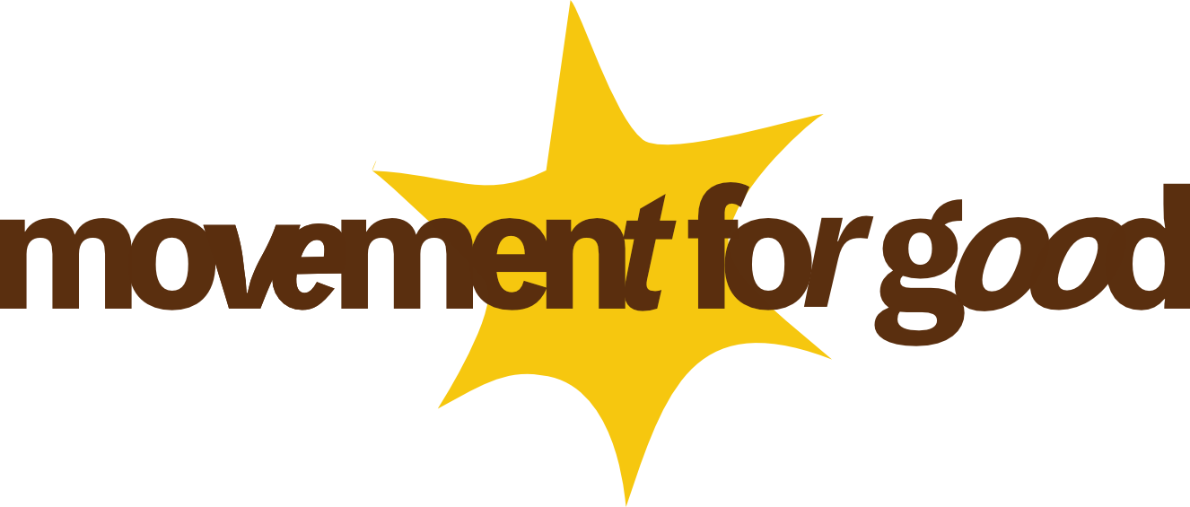 A logo with the words "movement for good" in brown text over a yellow starburst shape.