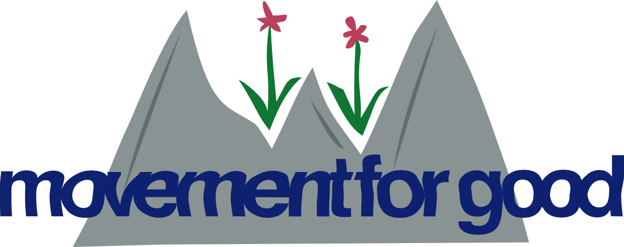 A mountain range with two pink flowers at the peaks and the words "movement for good" below.