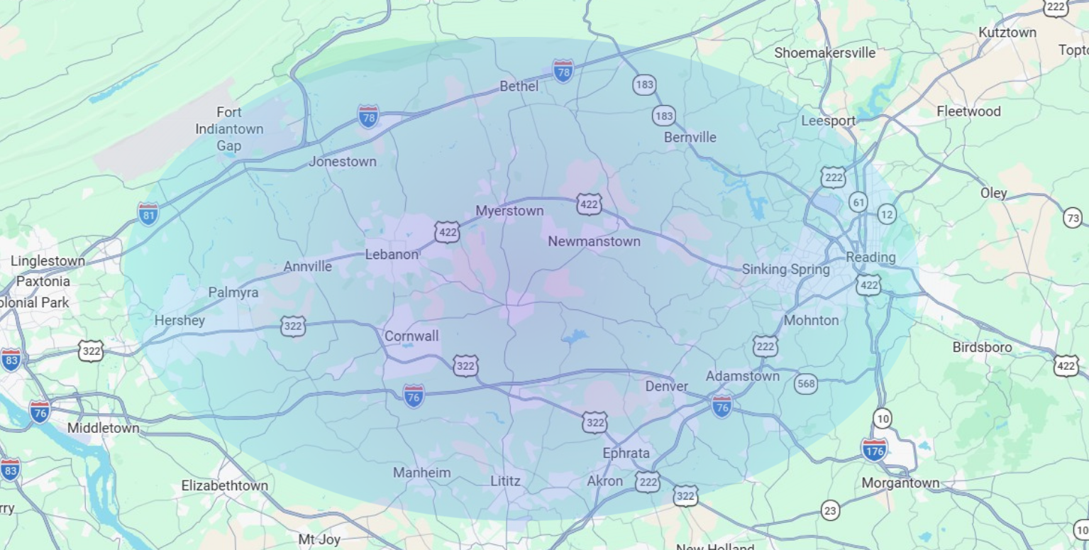 Iron Valley Small Engines mobile lawn mower repair service area map covering Myerstown, Lebanon County, Berks County, and Northern Lancaster County.