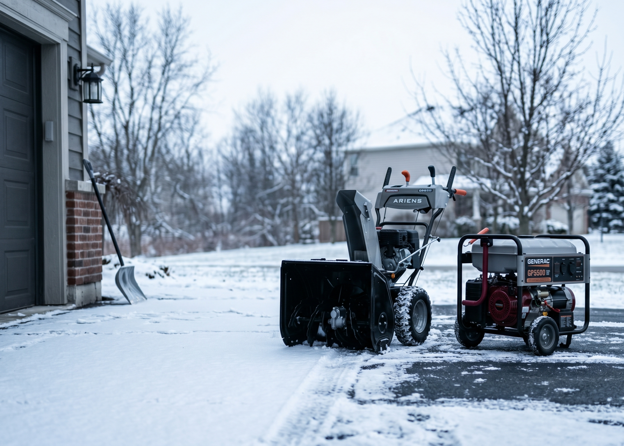 Snow blower and generator parked in a snowy driveway, ready for mobile small engine service by Iron Valley Small Engines in Lebanon County PA.