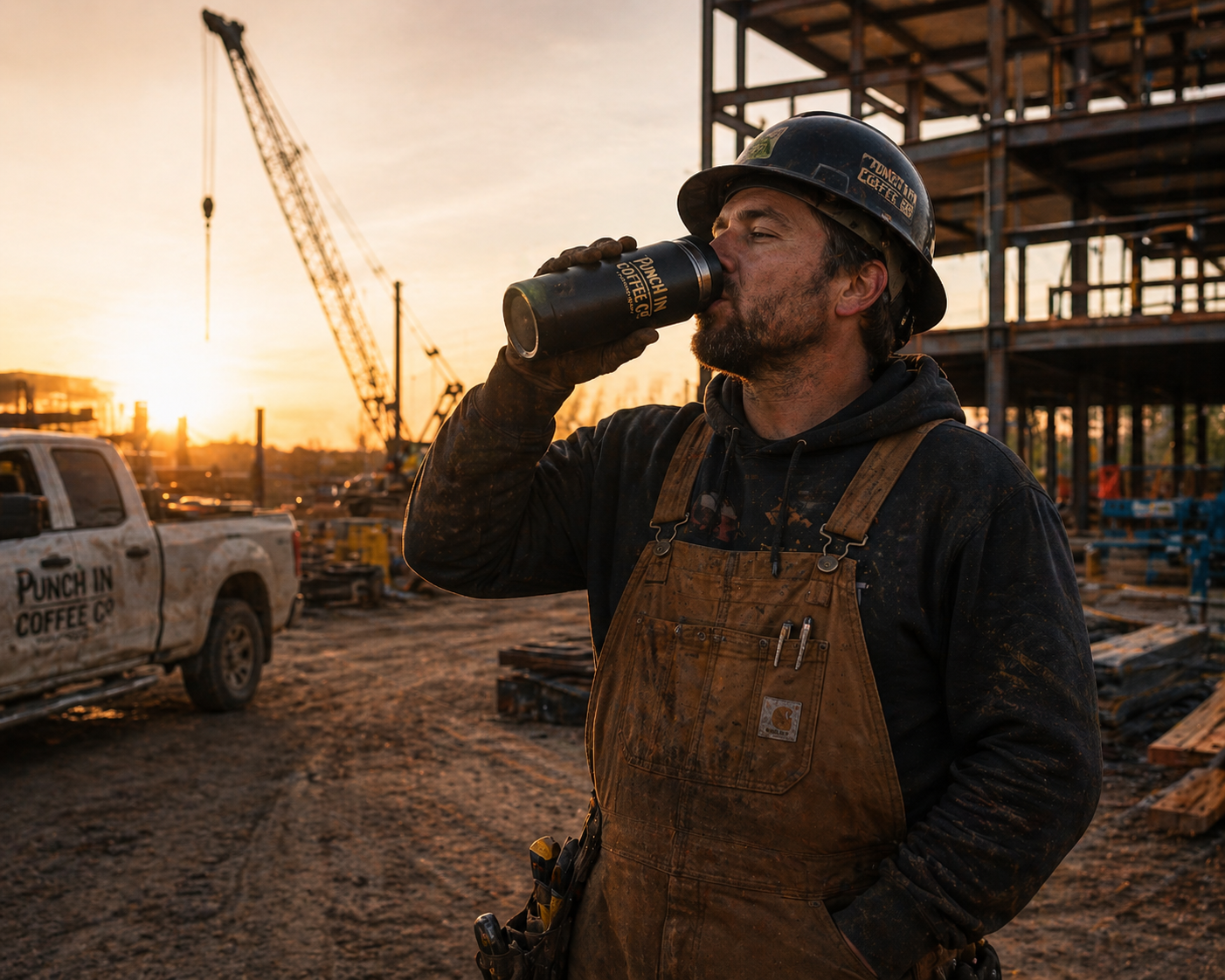 A construction worker drinking from a black tumbler at a construction site during sunset, wearing safety gear and dirty clothes.