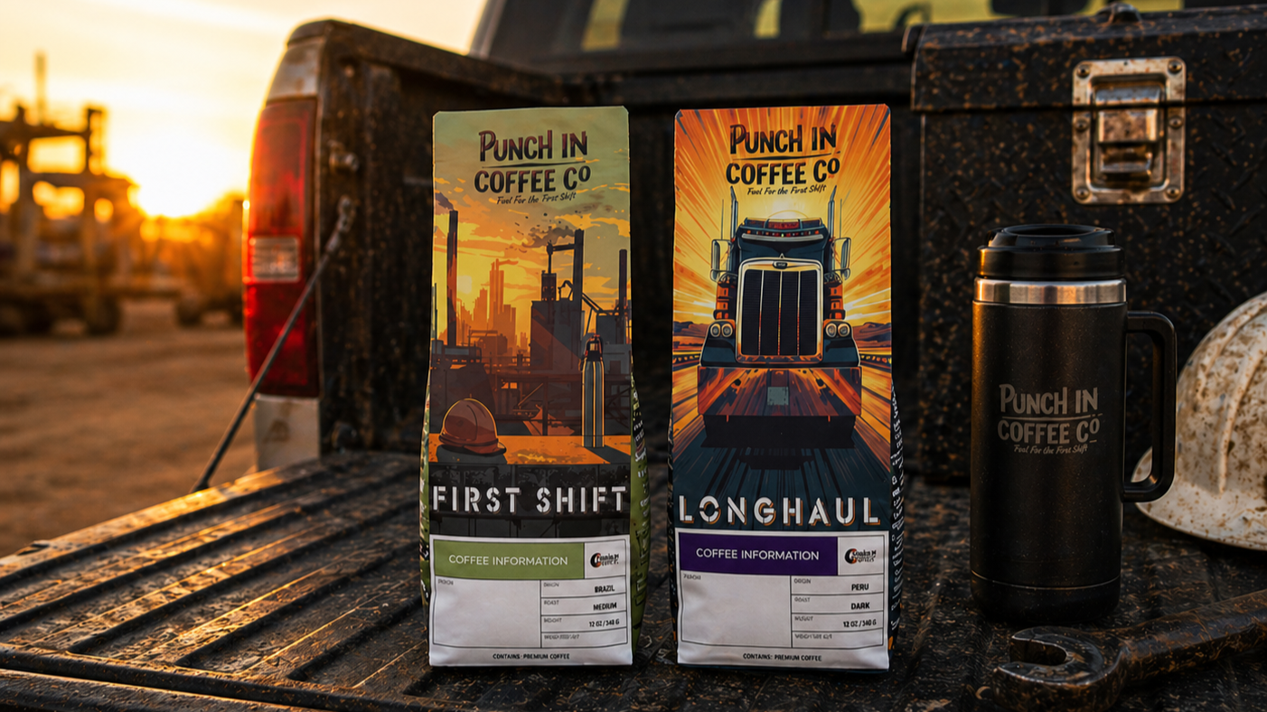 Two boxes of Punch In Coffee Co. coffee bags labeled 'First Shift' and 'Longhaul' placed on a truck bed with a black coffee mug nearby, set against a sunset industrial background.