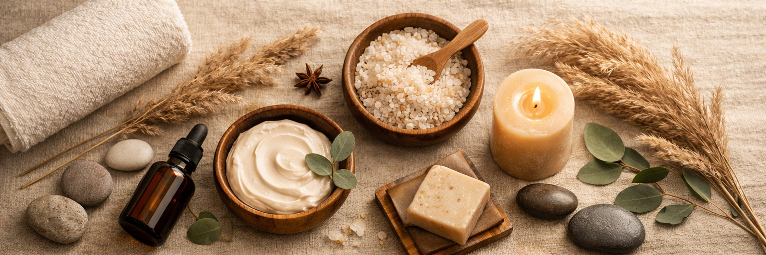 Spa setting with towels, stones, dried leaves, a candle, salt scrub, cream, soap, and essential oil bottle on a beige textured surface.