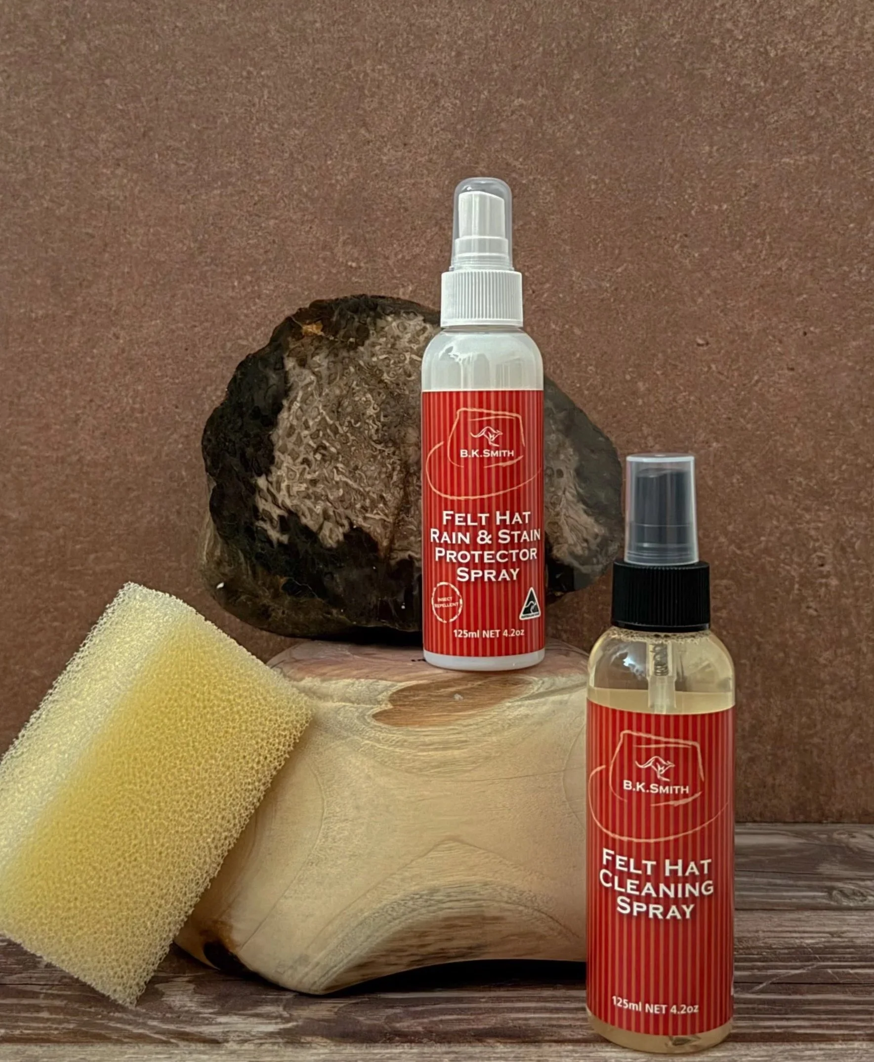B.K. Smith Australian Felt Hat Care Kit containing cleaning sponge, 125ml cleaning spray and 125ml rain & stain protector spray 
