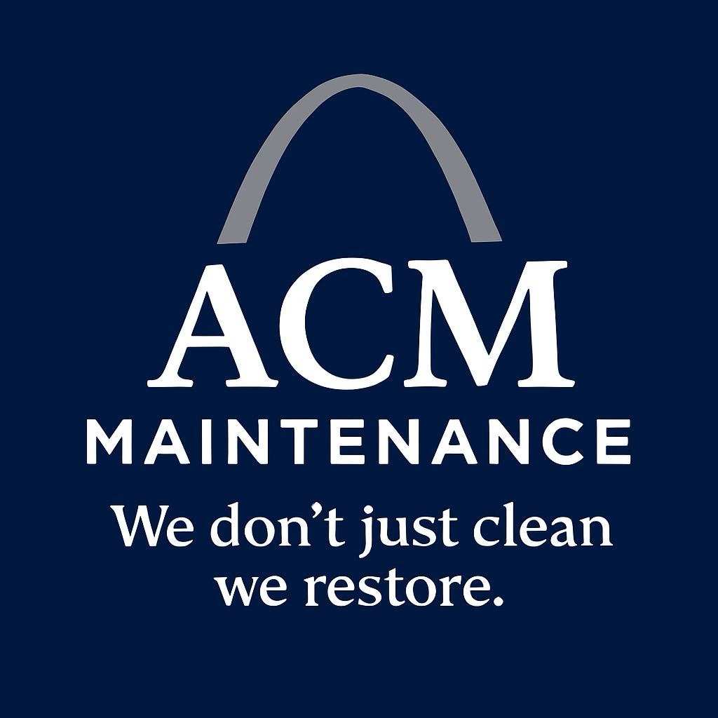Logo for ACM Maintenance with a stylized arch above the text, and the slogan 'We don't just clean, we restore' on a navy blue background.