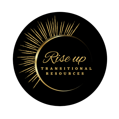 Black circular logo with gold rays extending outward, featuring the text 'Rise Up Transitional Resources' in gold, elegant font.