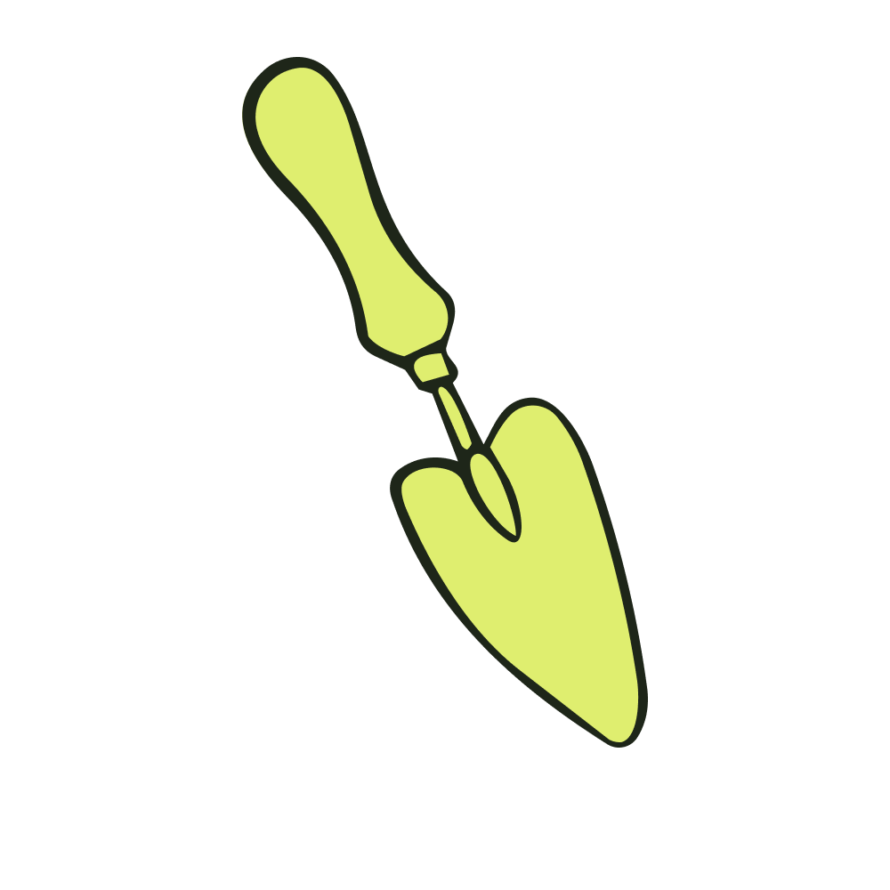 Illustration of a hand holding a gardening trowel.