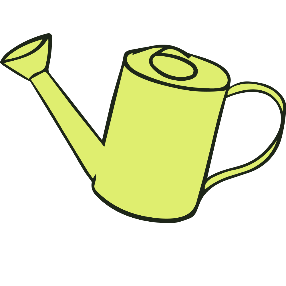 A cartoon-style yellow watering can with a large handle and a long spout.