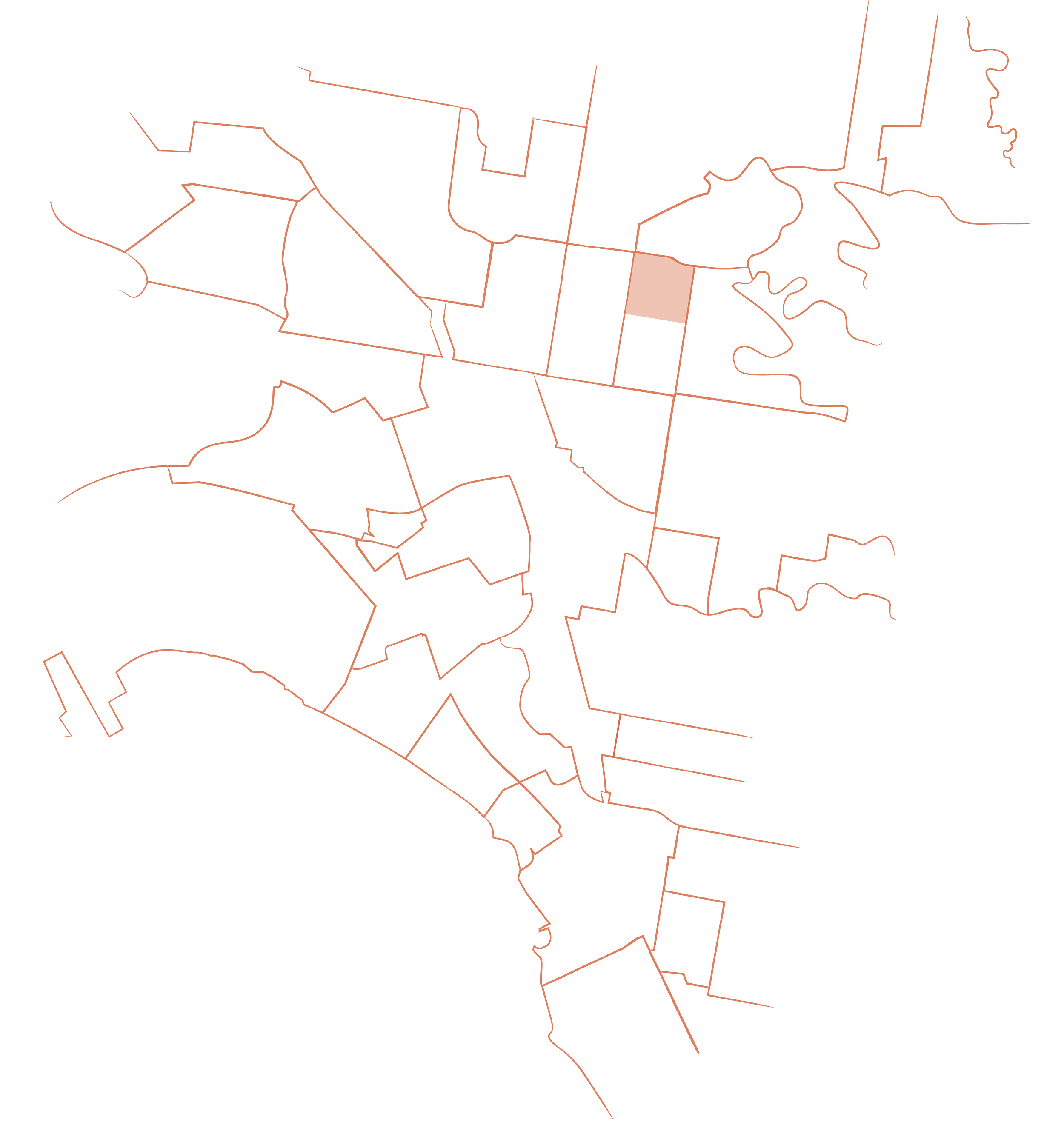 A map of a city or region with the borders of different districts outlined. One district is highlighted in orange.
