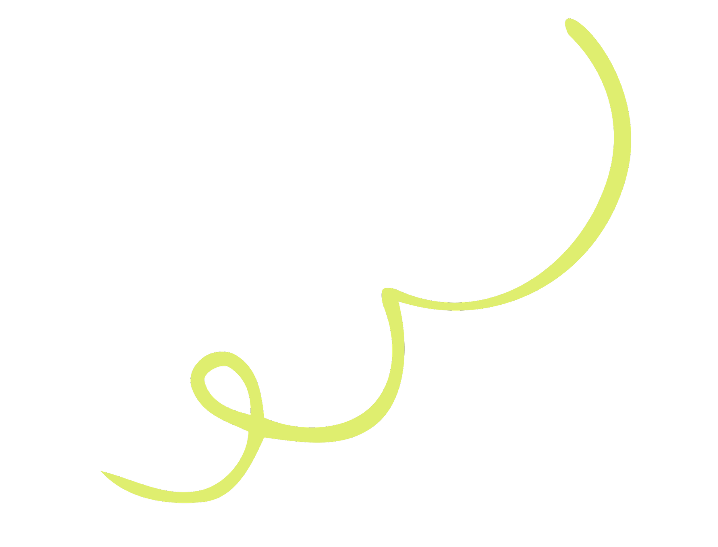 A neon yellow-green line drawing of a whimsical, curling, and looping line on a black background.