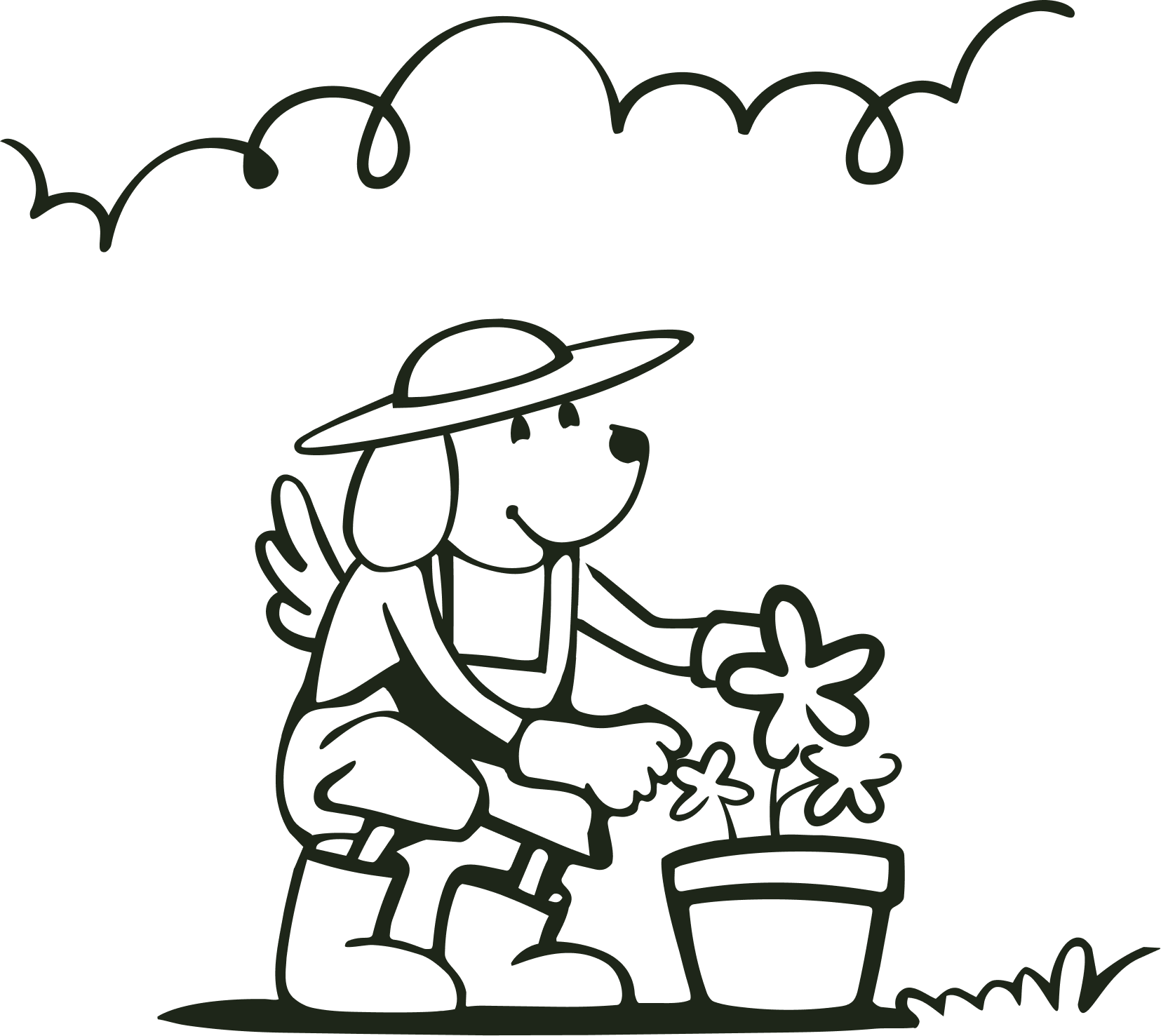 Line drawing of a child with a wide-brimmed hat kneeling and planting flowers in the ground, with a bucket nearby and a flower pot in the background.