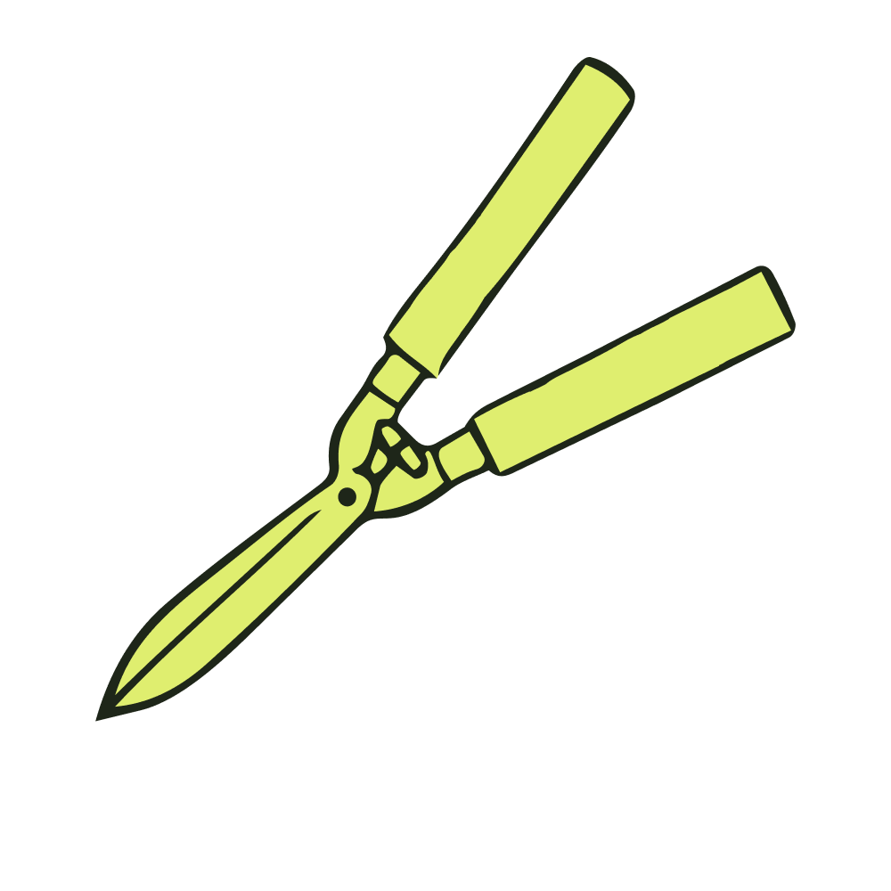Illustration of a pair of garden pruning shears with yellow handles and a yellow blade.