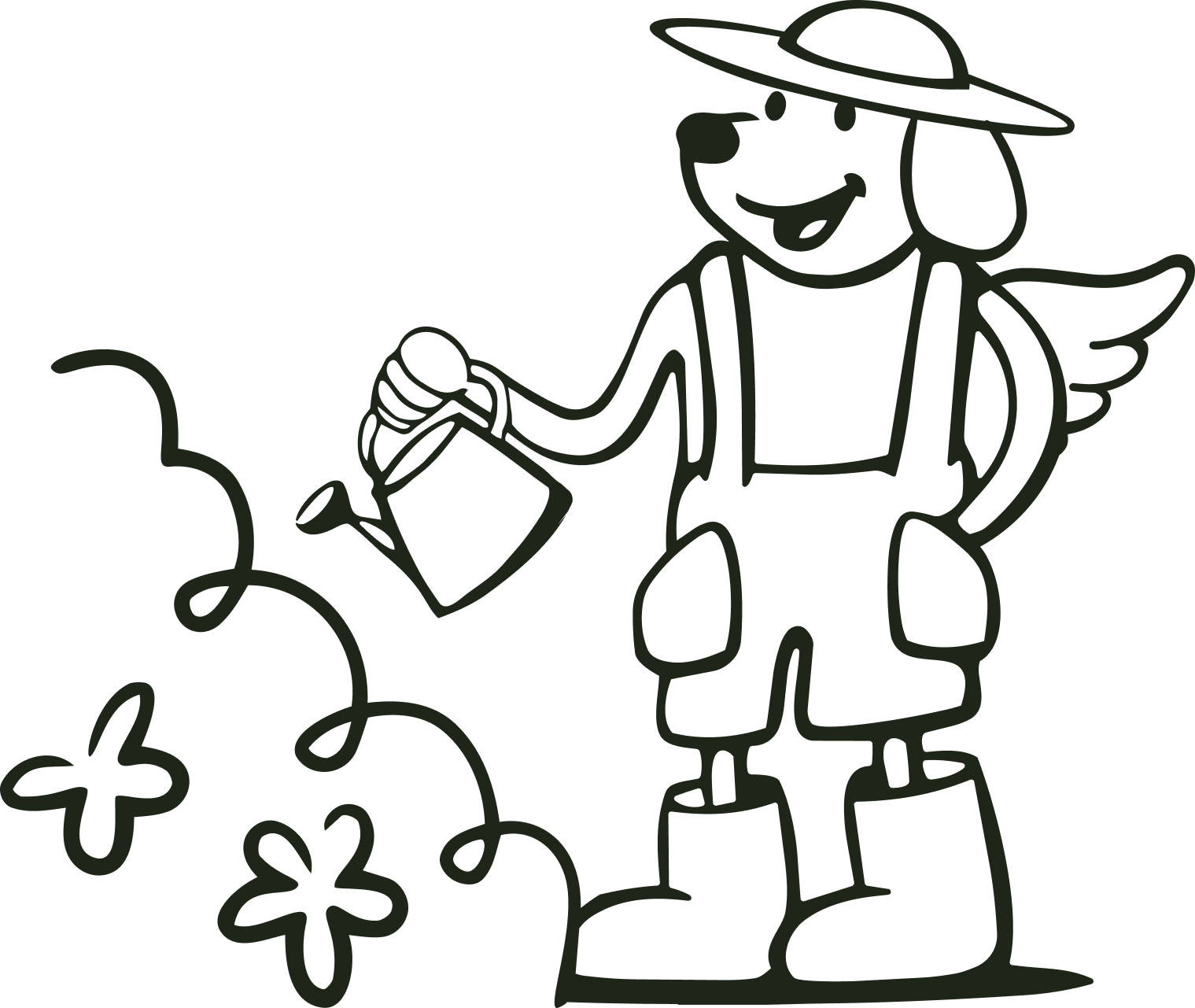 A cartoon figure with wings, wearing a wide-brimmed hat, watering a plant.