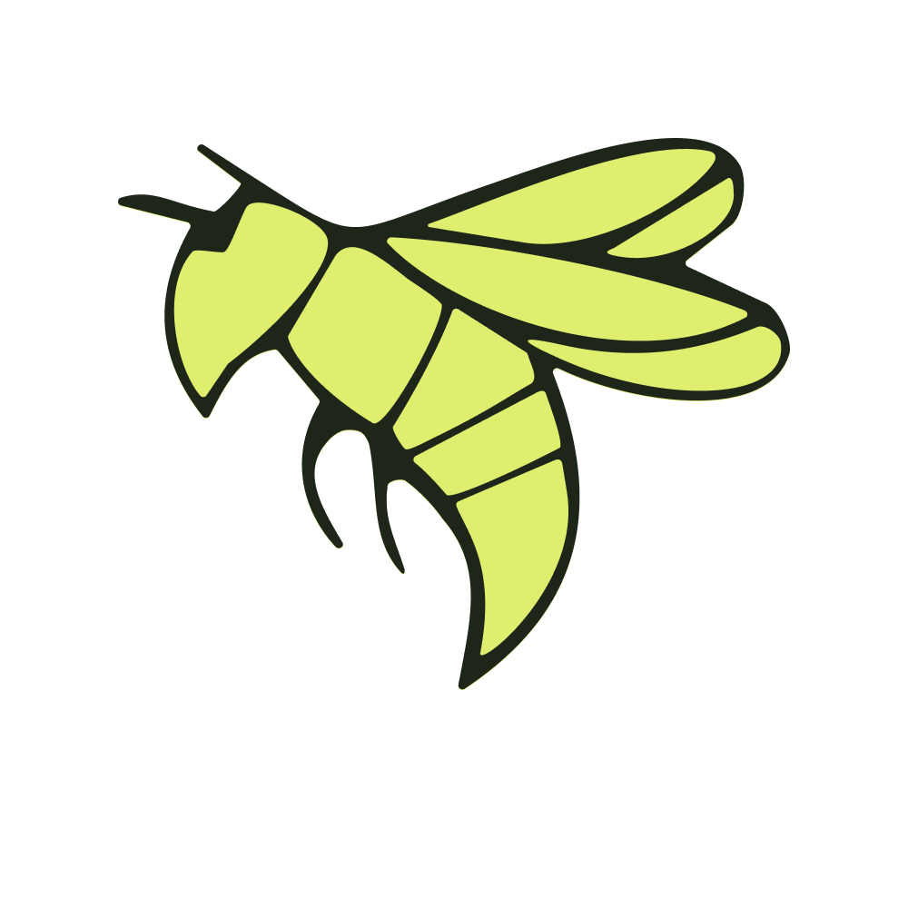 A stylized cartoon bee with yellow and black markings and transparent wings.