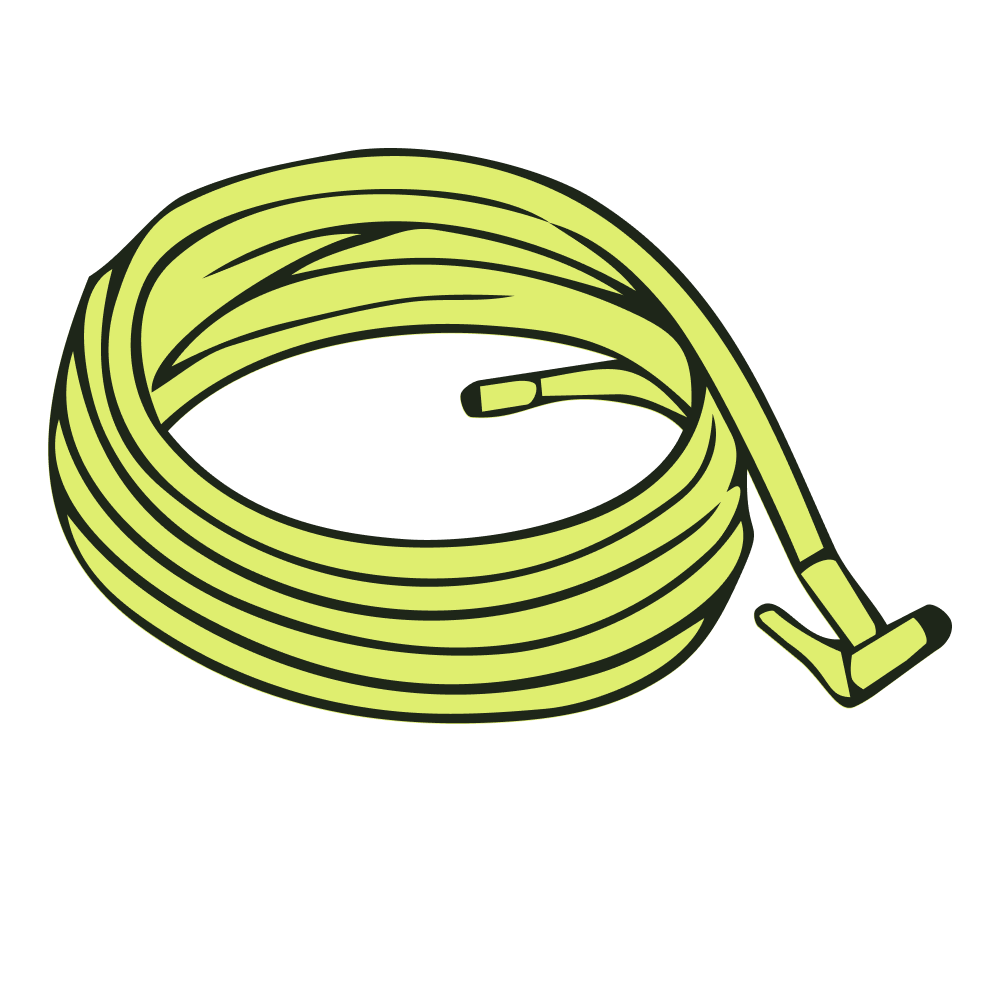 Illustration of a yellow garden hose coiled up with a nozzle attached.