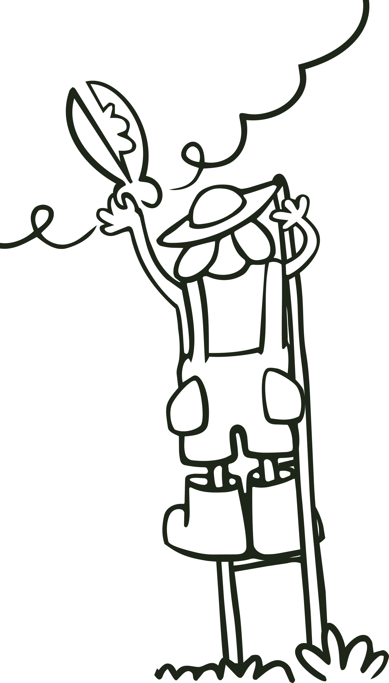 A cartoon illustration of a person wearing a wide-brimmed hat, overalls, and boots, standing on grass and holding a leaf.