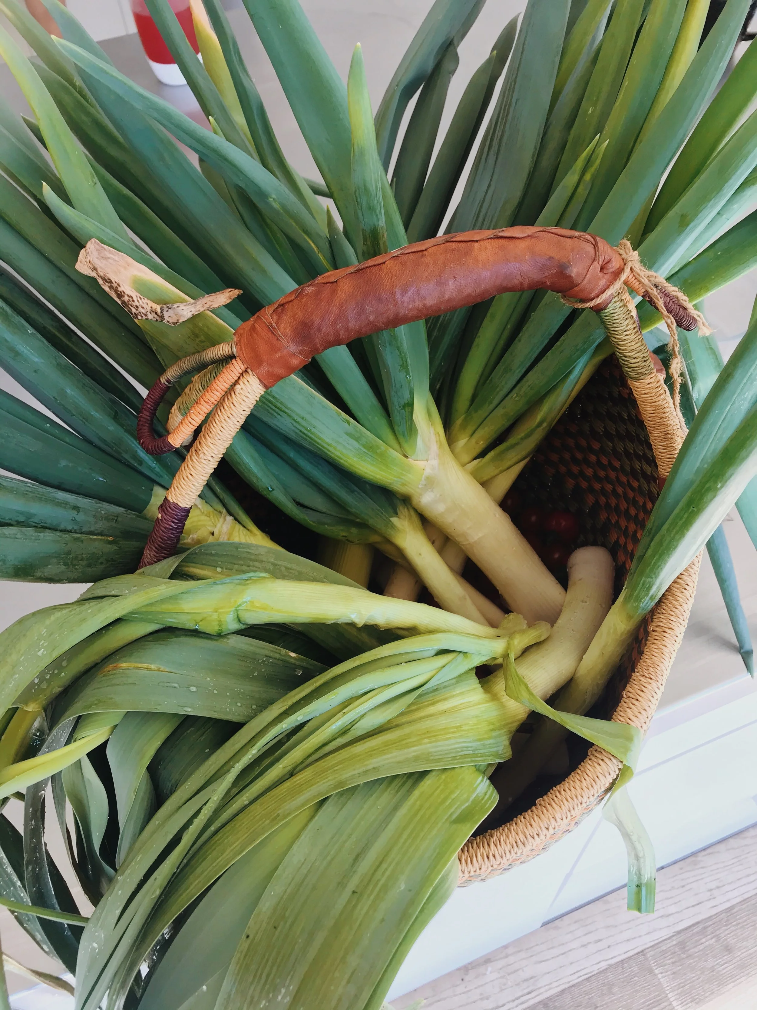 A woven basket filled with fresh vegetables including leeks, a red chili, and tomatoes, placed on a kitchen countertop with green leafy plants in the background.