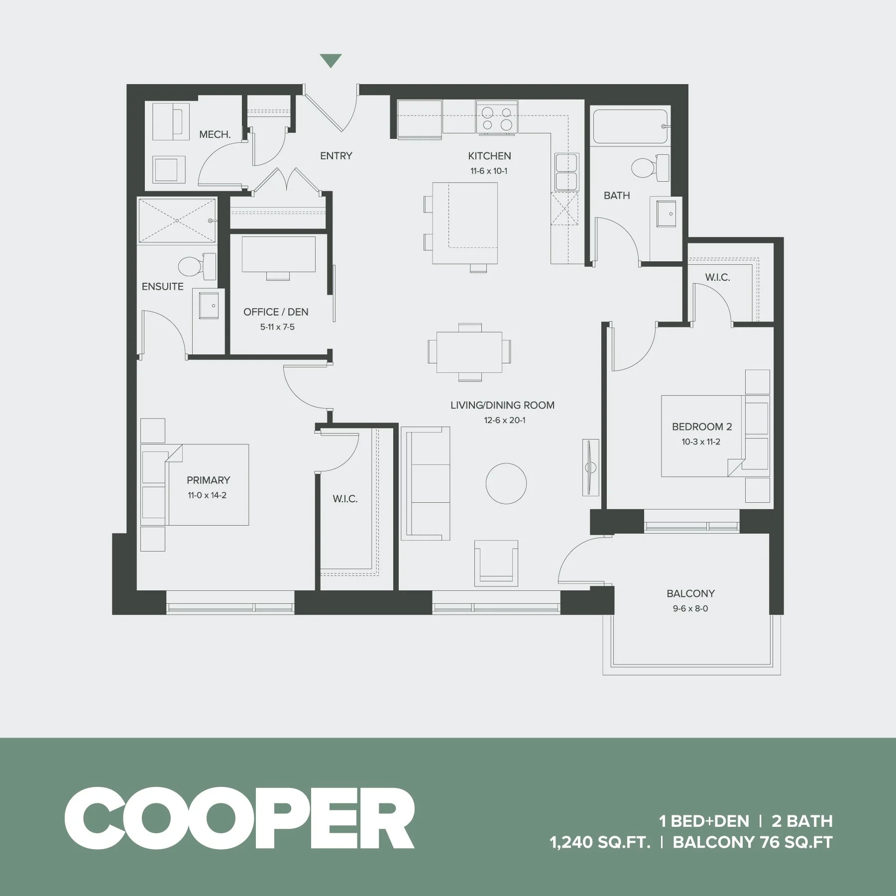 Floor plan of a one-bedroom apartment with a den, two bathrooms, a balcony, and surrounding rooms including a kitchen, living/dining area, primary bedroom, second bedroom, walk-in closets, an office/den, an ensuite bathroom, and an entryway.
