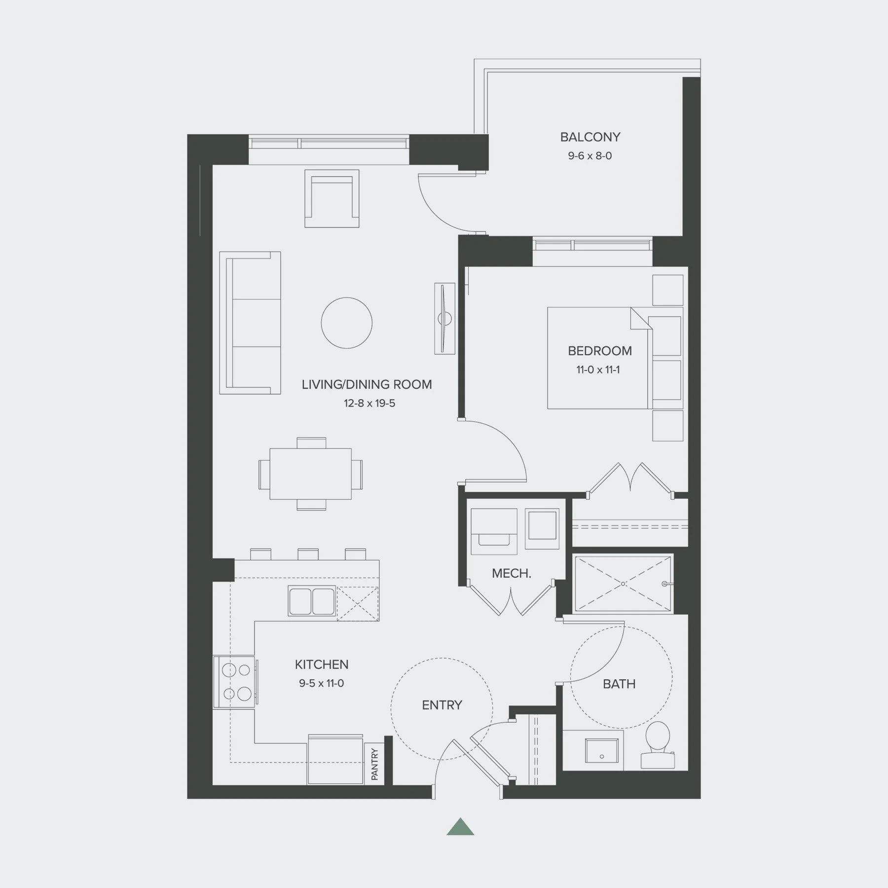 Floor plan of a house showing a kitchen, entry, pantry, living/dining room, bathroom, mechanical room, bedroom, balcony, and outdoor areas.