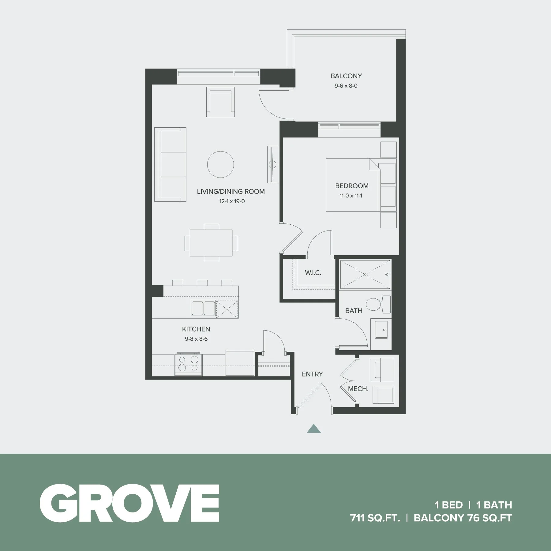Floor plan of a one-bedroom, one-bath apartment named Grove, with a living/dining room, kitchen, bedroom, walk-in closet, bathroom, balcony, entry, and mechanical room, totaling 711 square feet.