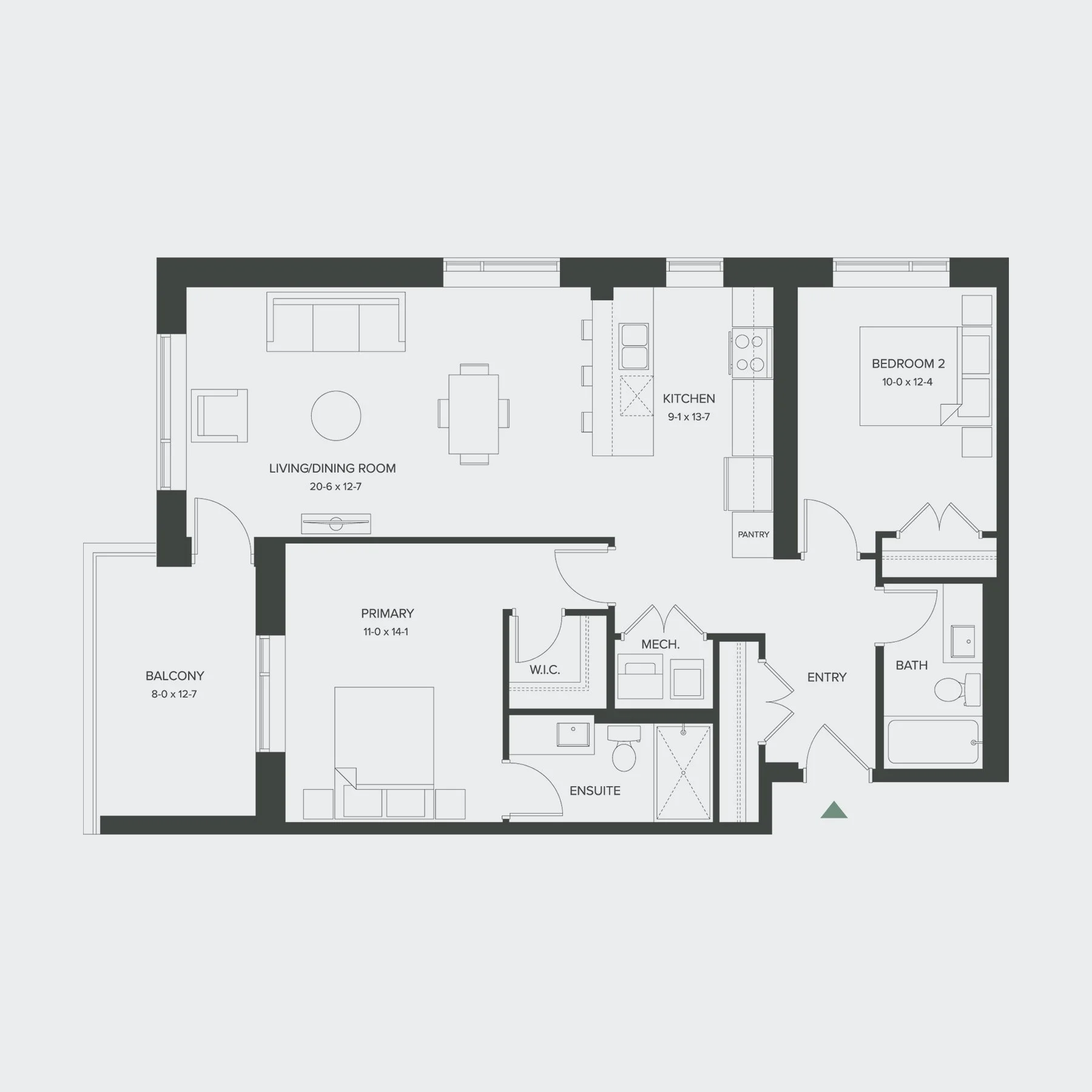 Floor plan of a house showing various rooms including living/dining room, kitchen, bedroom 2, primary bedroom, balcony, walk-in closet, ensuite bathroom, entryway, mechanical room, and bathroom.